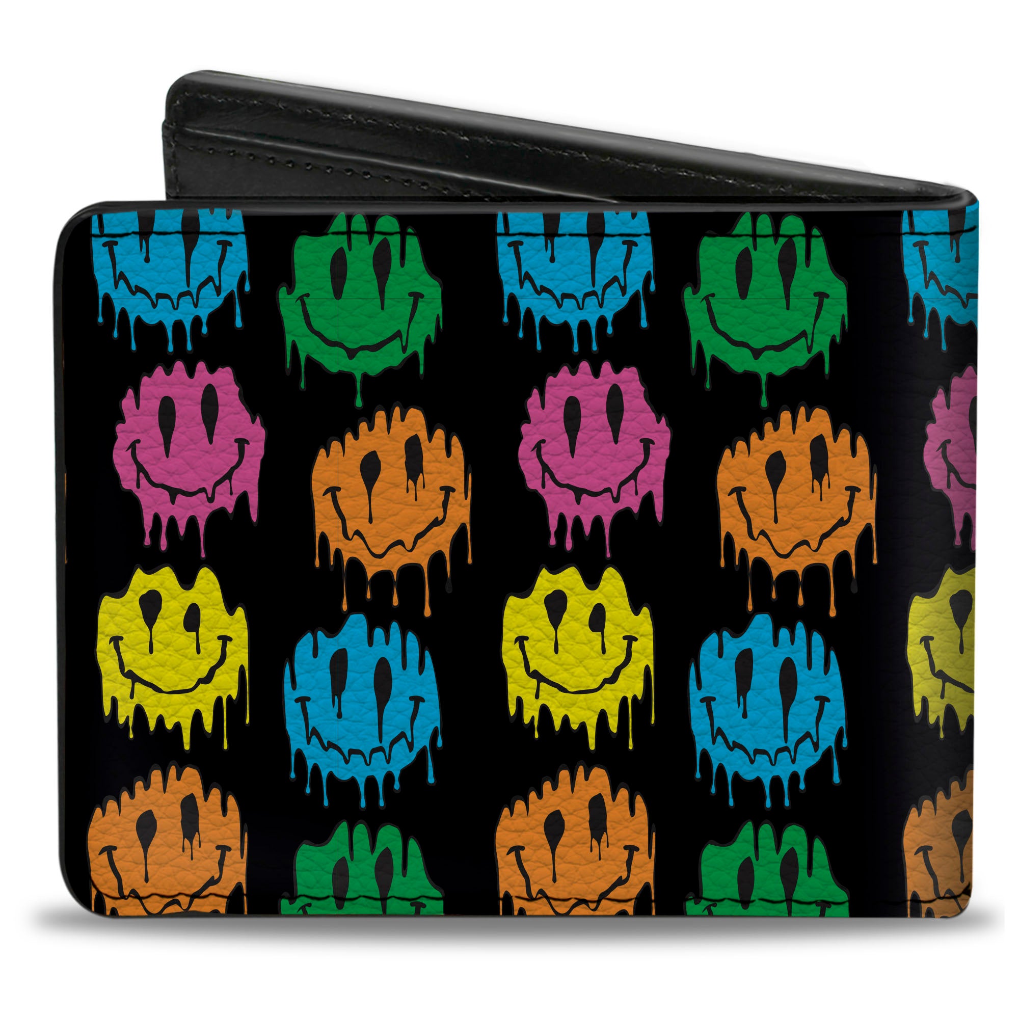 Bi-Fold Wallet - Smiley Faces Melted Mini Repeat Black Multi Neon Bi-Fold Wallets Buckle-Down