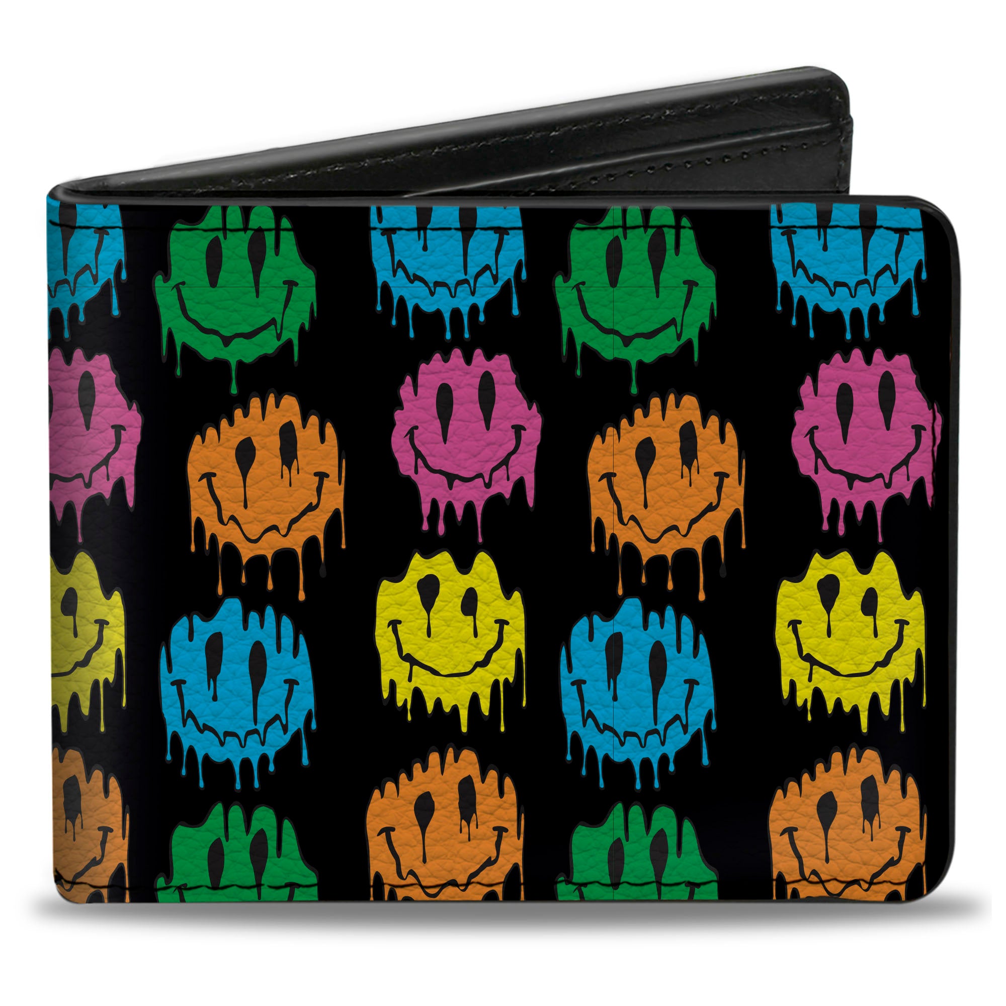 Bi-Fold Wallet - Smiley Faces Melted Mini Repeat Black Multi Neon Bi-Fold Wallets Buckle-Down