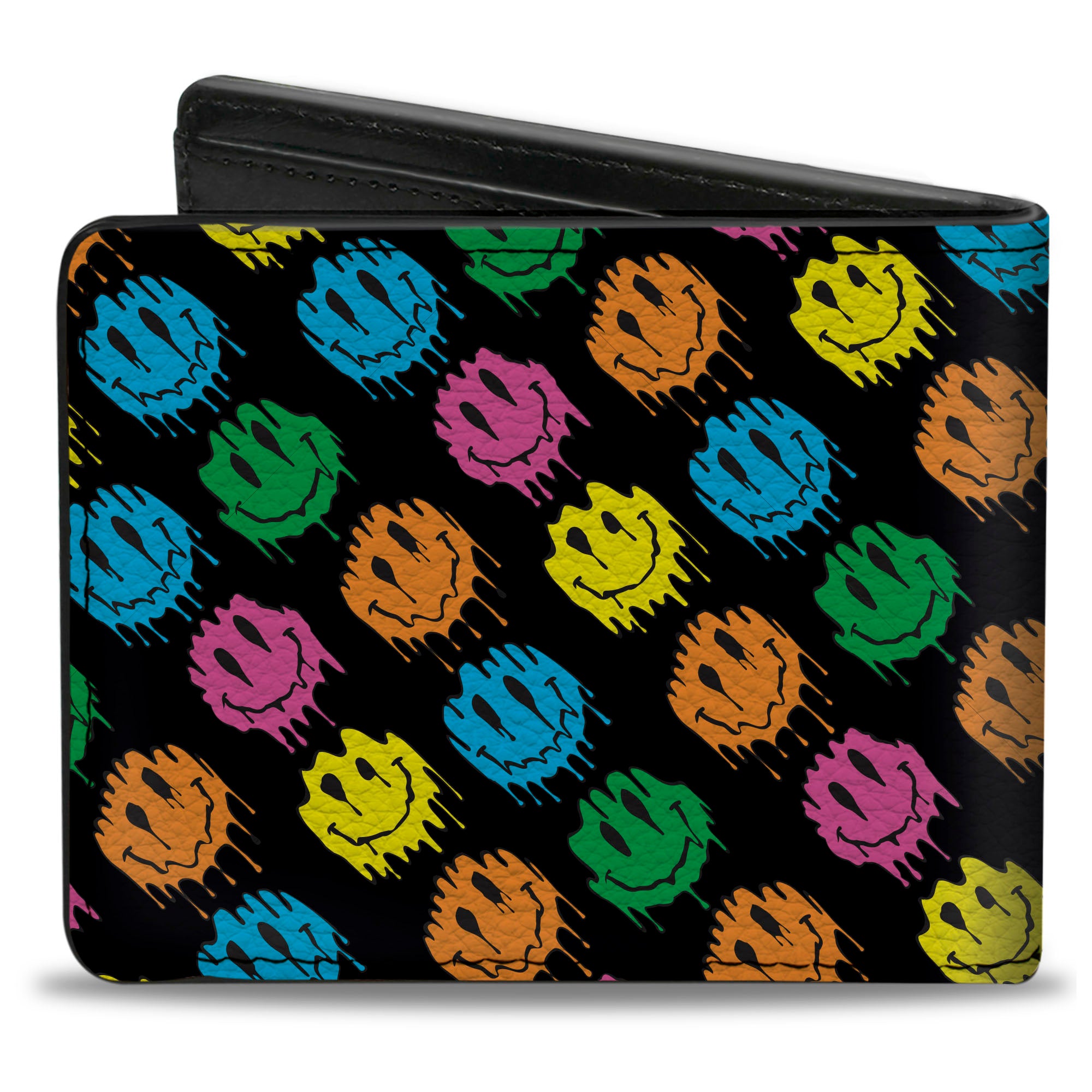 Bi-Fold Wallet - Smiley Faces Melted Mini Repeat Angle Black Multi Neon Bi-Fold Wallets Buckle-Down