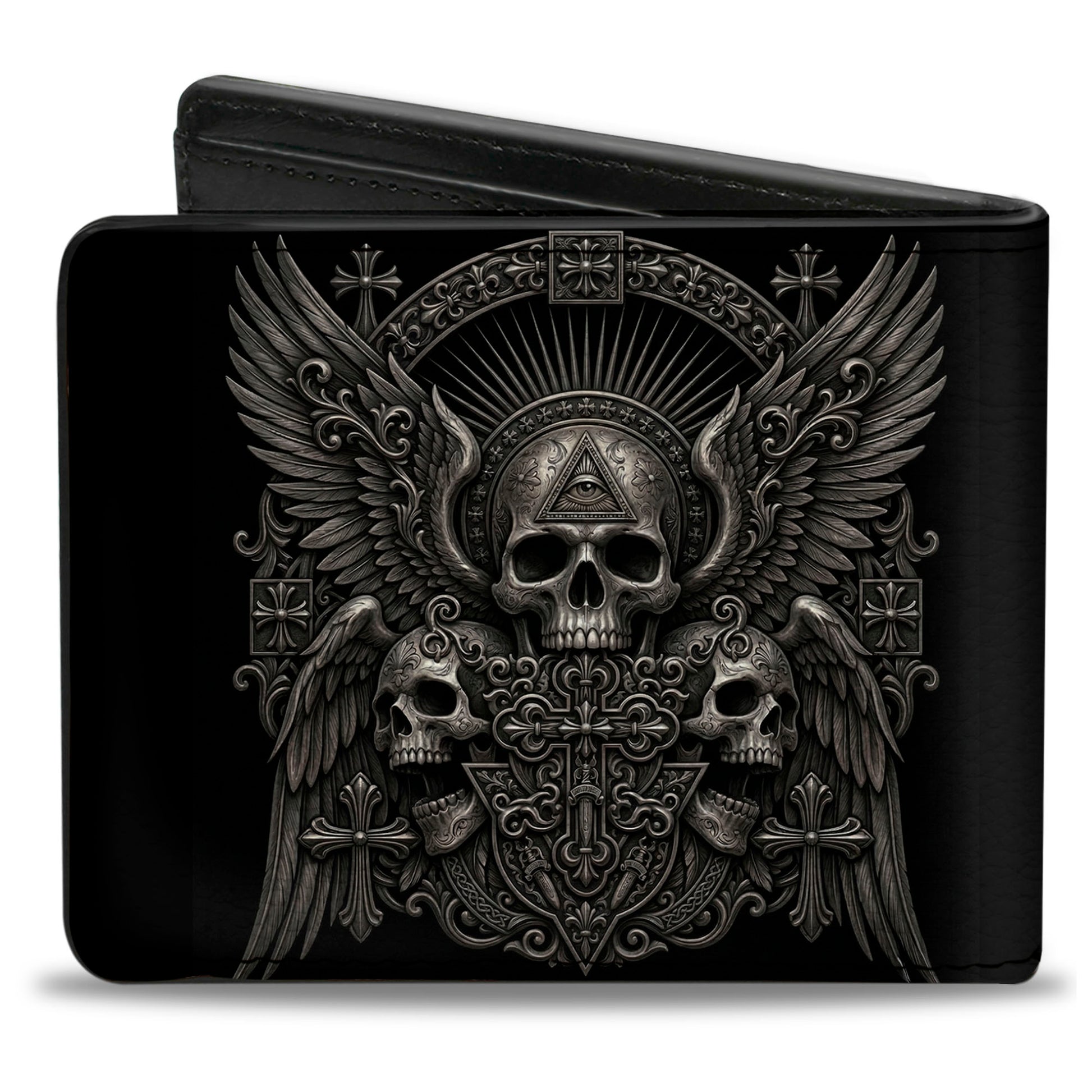Bi-Fold Wallet - Third Eye Skull Wings and Crosses Black/Grays Bi-Fold Wallets Buckle-Down