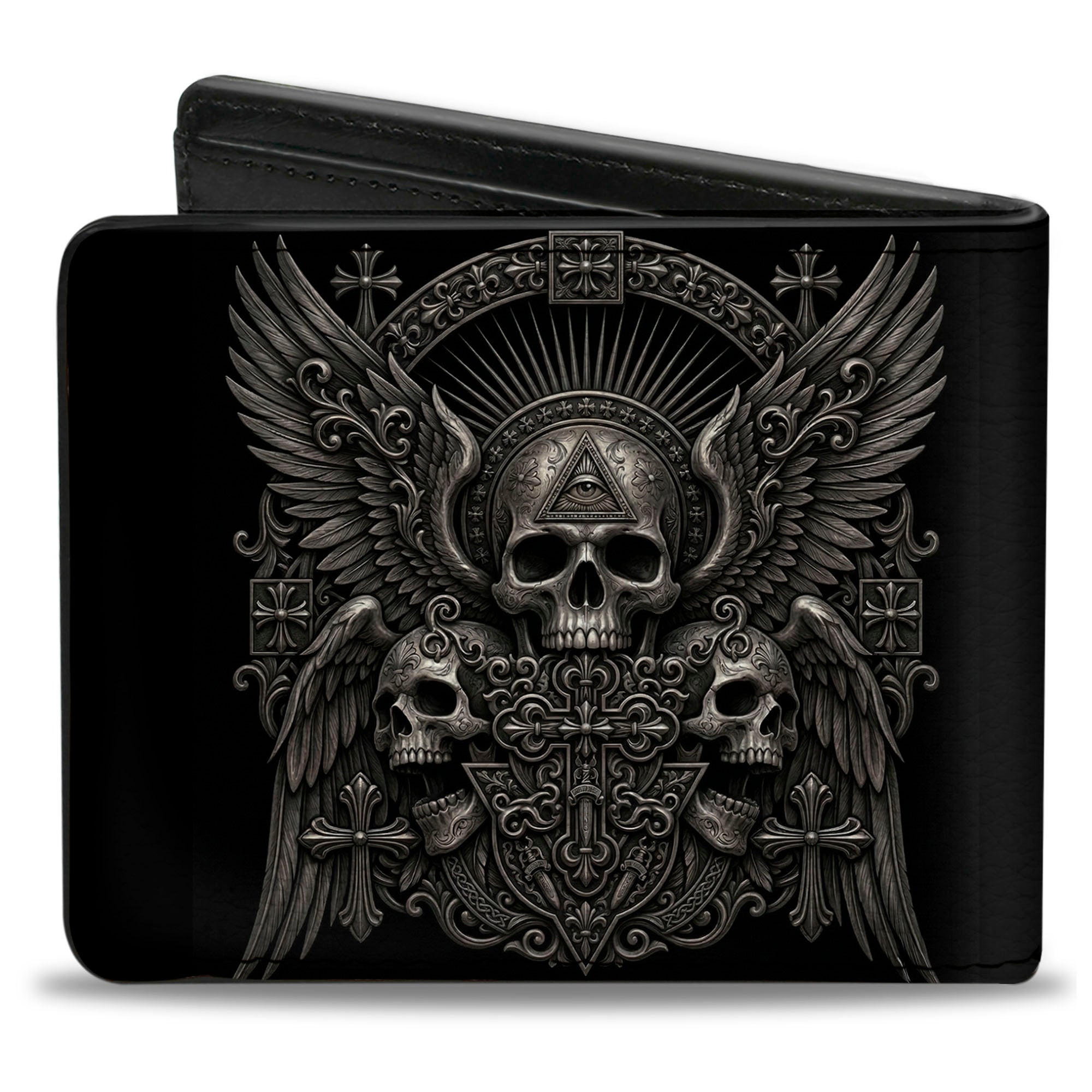 Bi-Fold Wallet - Third Eye Skull Wings and Crosses Black/Grays Bi-Fold Wallets Buckle-Down