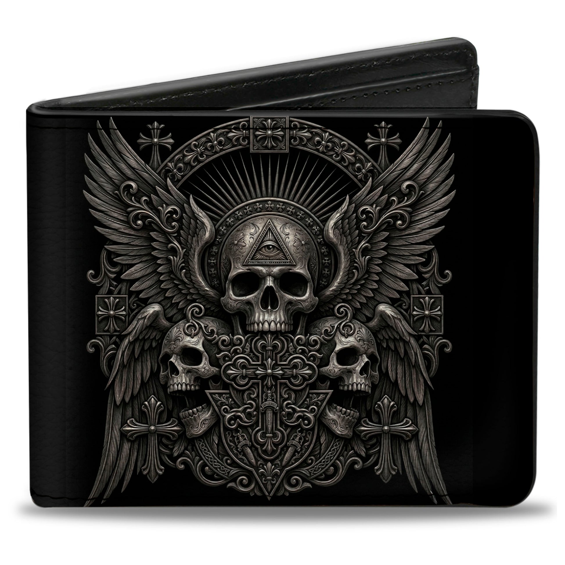 Bi-Fold Wallet - Third Eye Skull Wings and Crosses Black/Grays Bi-Fold Wallets Buckle-Down