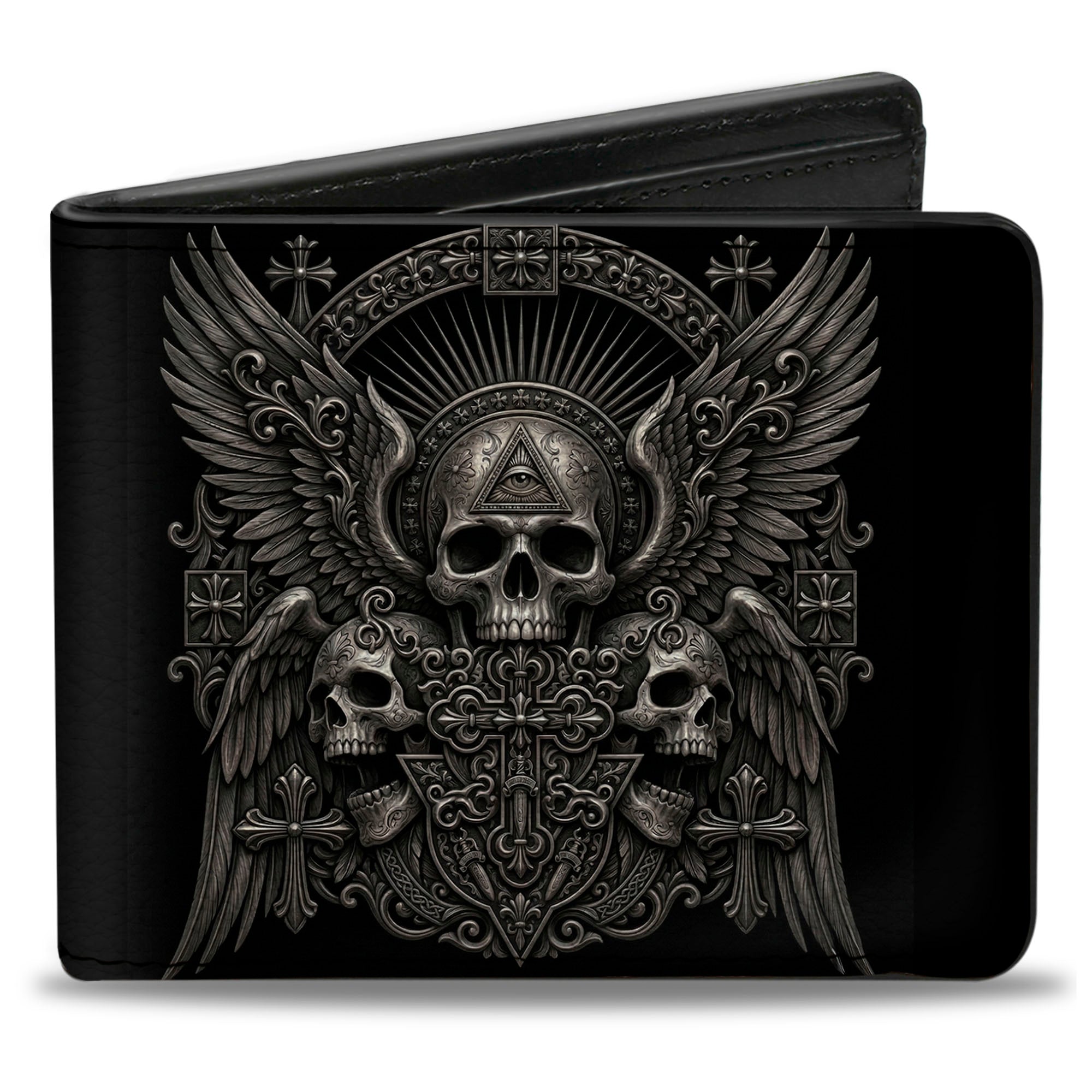 Bi-Fold Wallet - Third Eye Skull Wings and Crosses Black/Grays Bi-Fold Wallets Buckle-Down