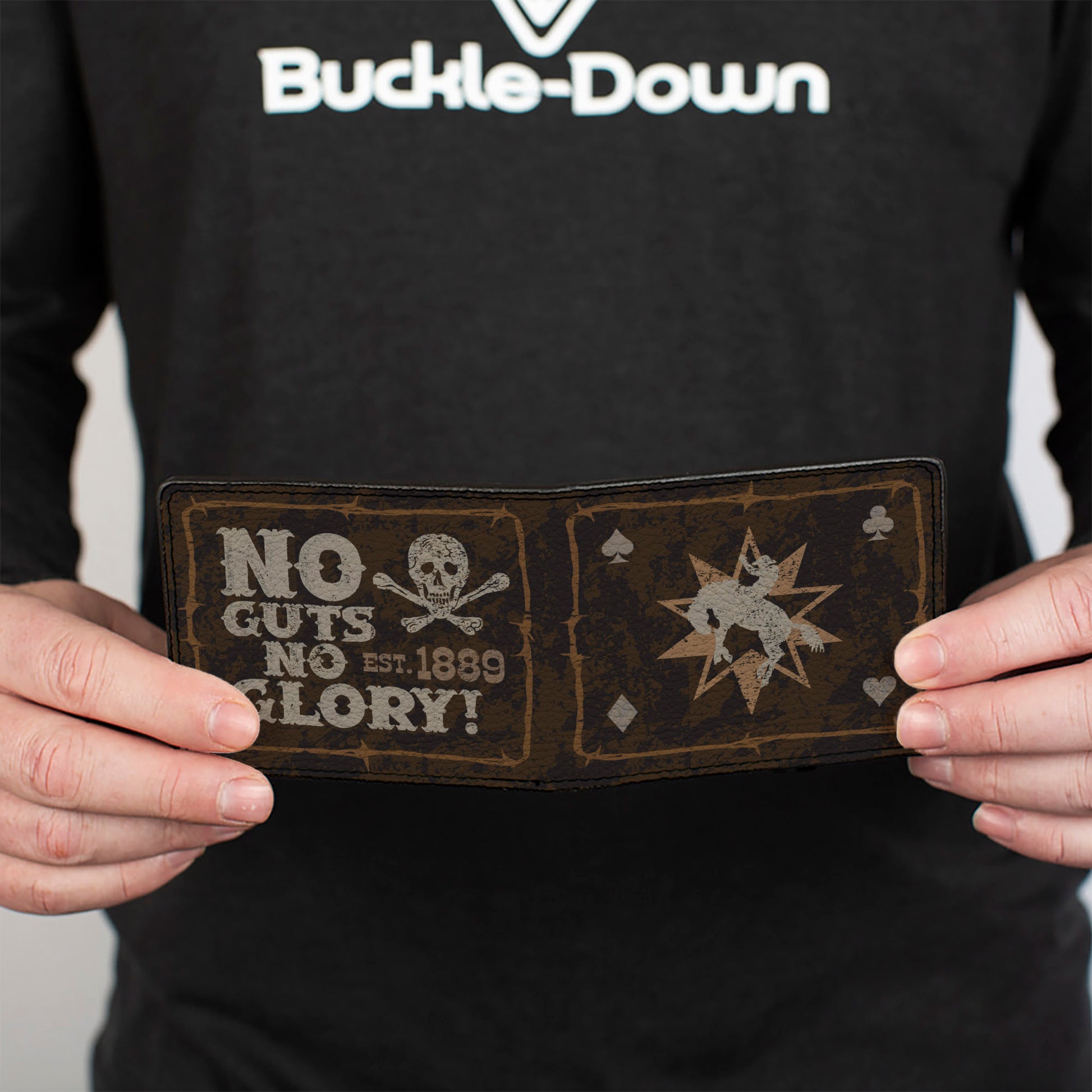 Bi-Fold Wallet - Western NO GUTS NO GLORY Skull and Crossbones Browns Gray Bi-Fold Wallets Buckle-Down