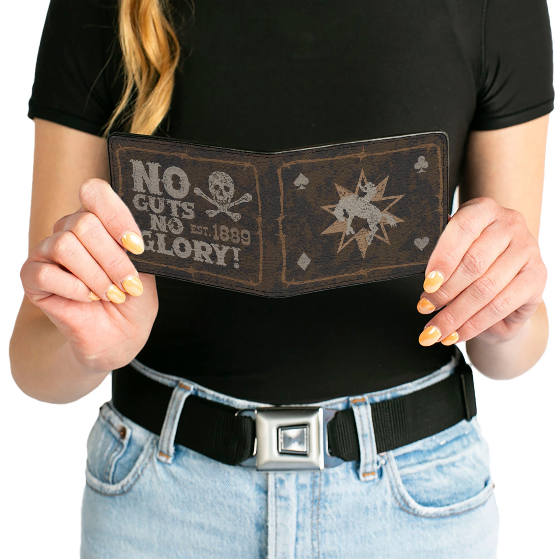 Bi-Fold Wallet - Western NO GUTS NO GLORY Skull and Crossbones Browns Gray Bi-Fold Wallets Buckle-Down