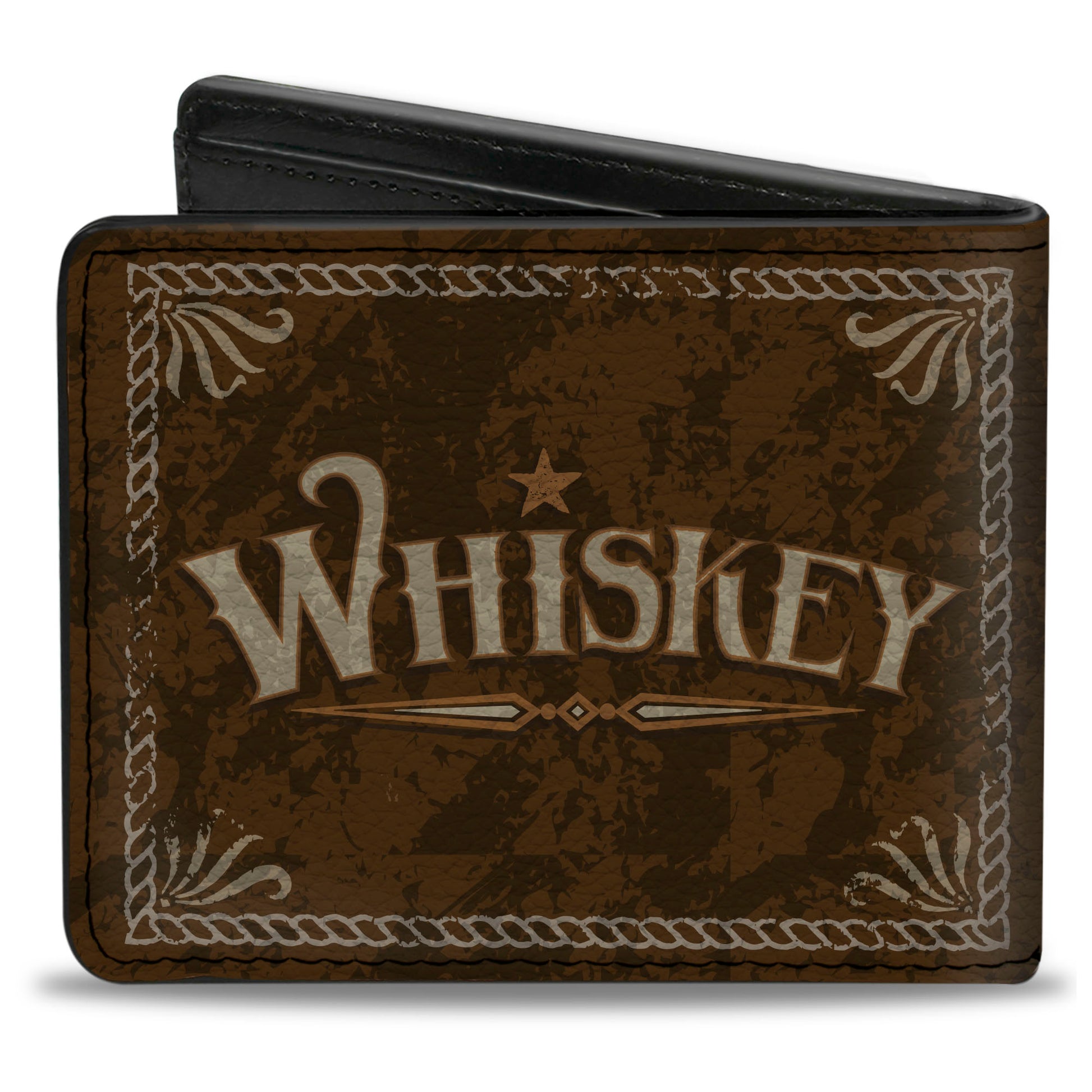 Bi-Fold Wallet - Western WHISKEY Star with Text Shadow Repeat Browns Tan Bi-Fold Wallets Buckle-Down