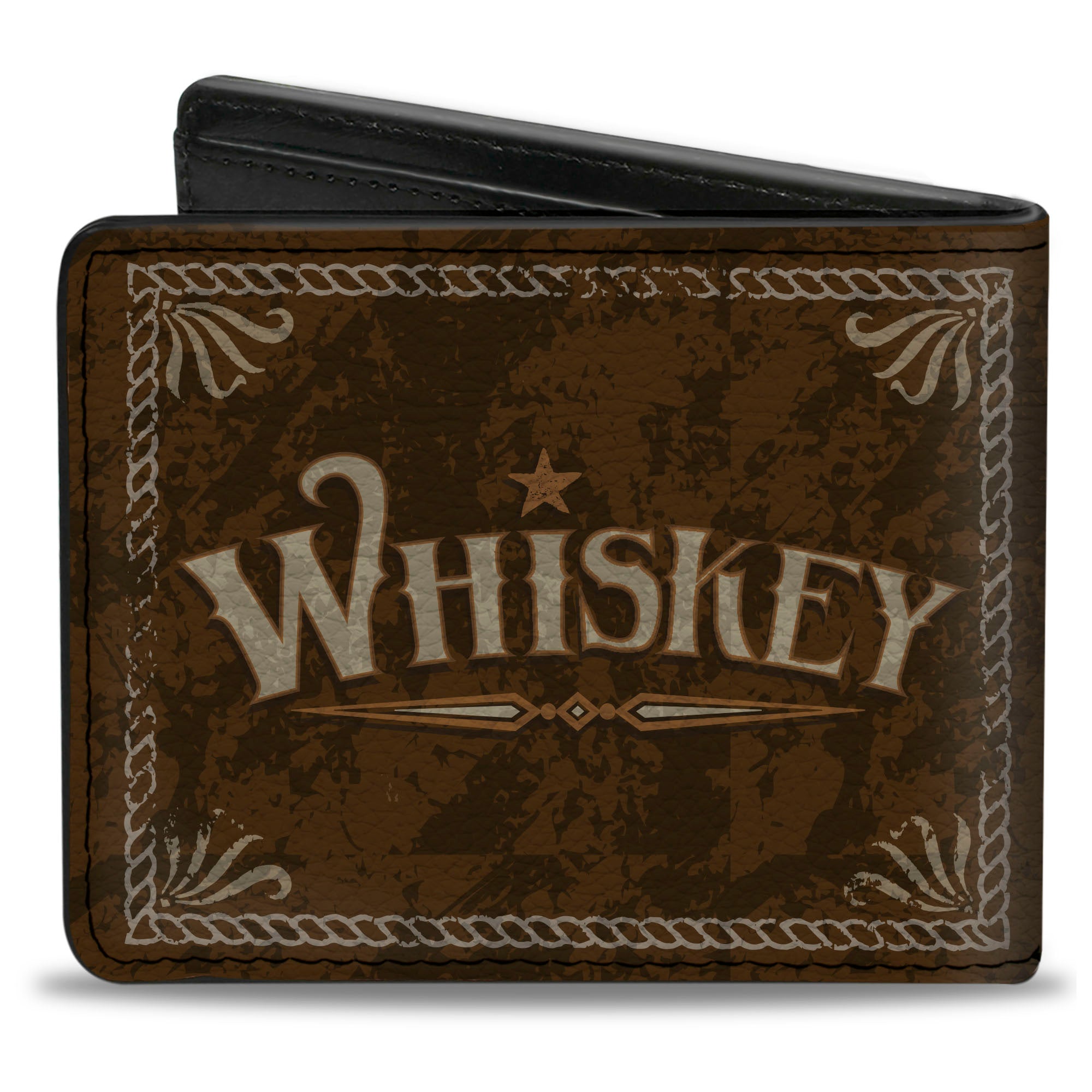 Bi-Fold Wallet - Western WHISKEY Star with Text Shadow Repeat Browns Tan Bi-Fold Wallets Buckle-Down
