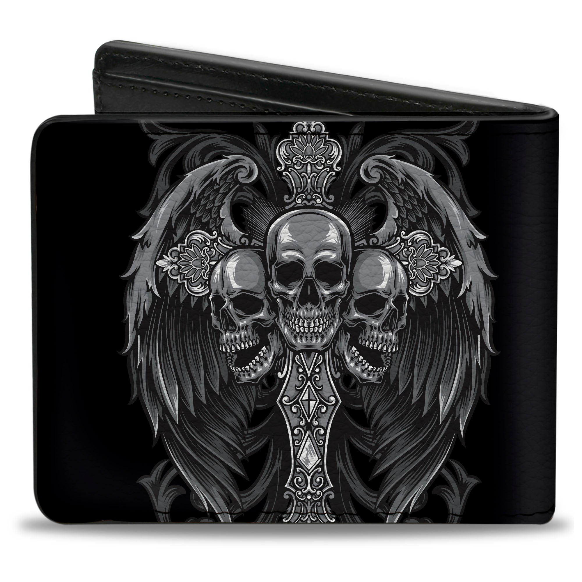 Bi-Fold Wallet - Winged Cross and Skull Trio Black/Grays Bi-Fold Wallets Buckle-Down