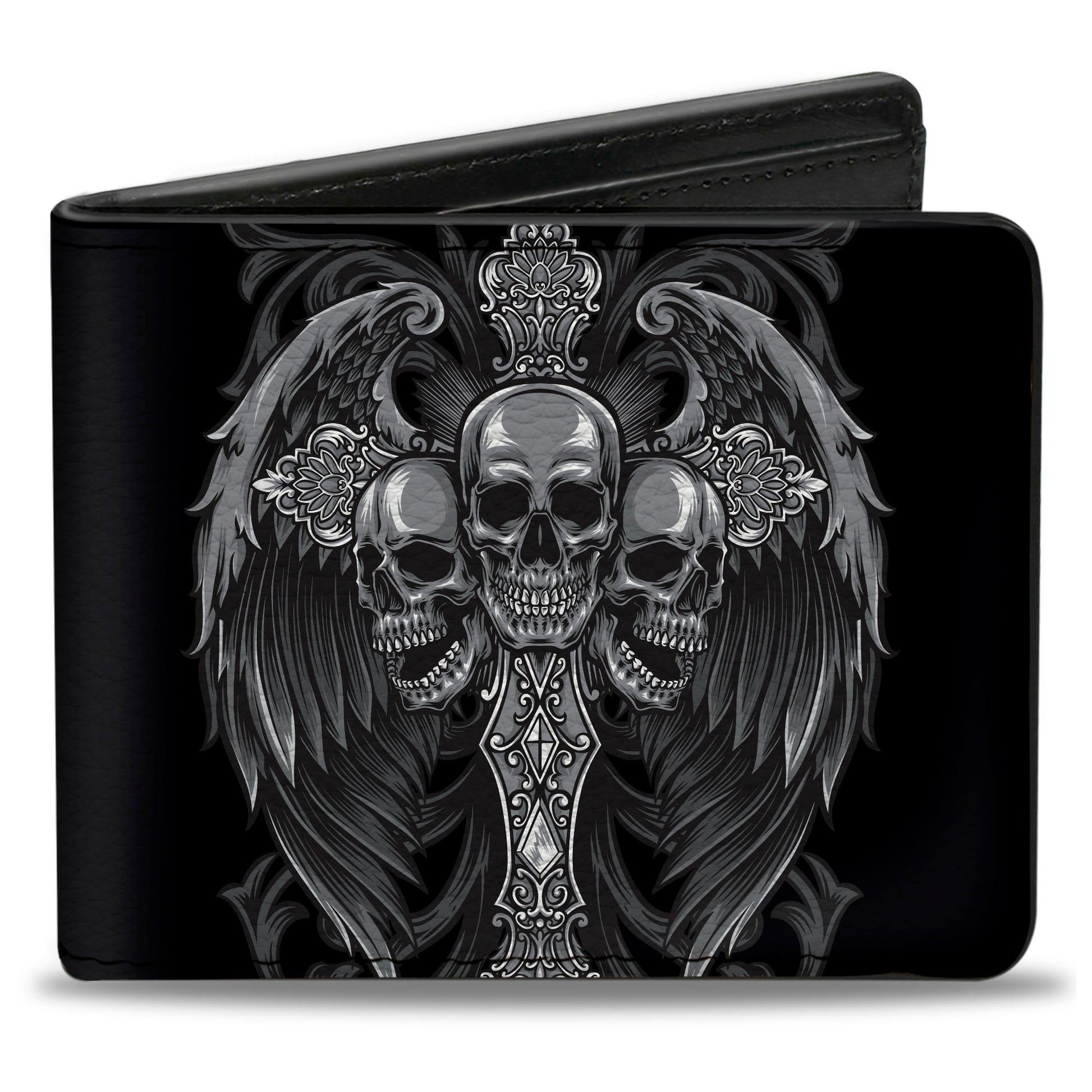 Bi-Fold Wallet - Winged Cross and Skull Trio Black/Grays Bi-Fold Wallets Buckle-Down