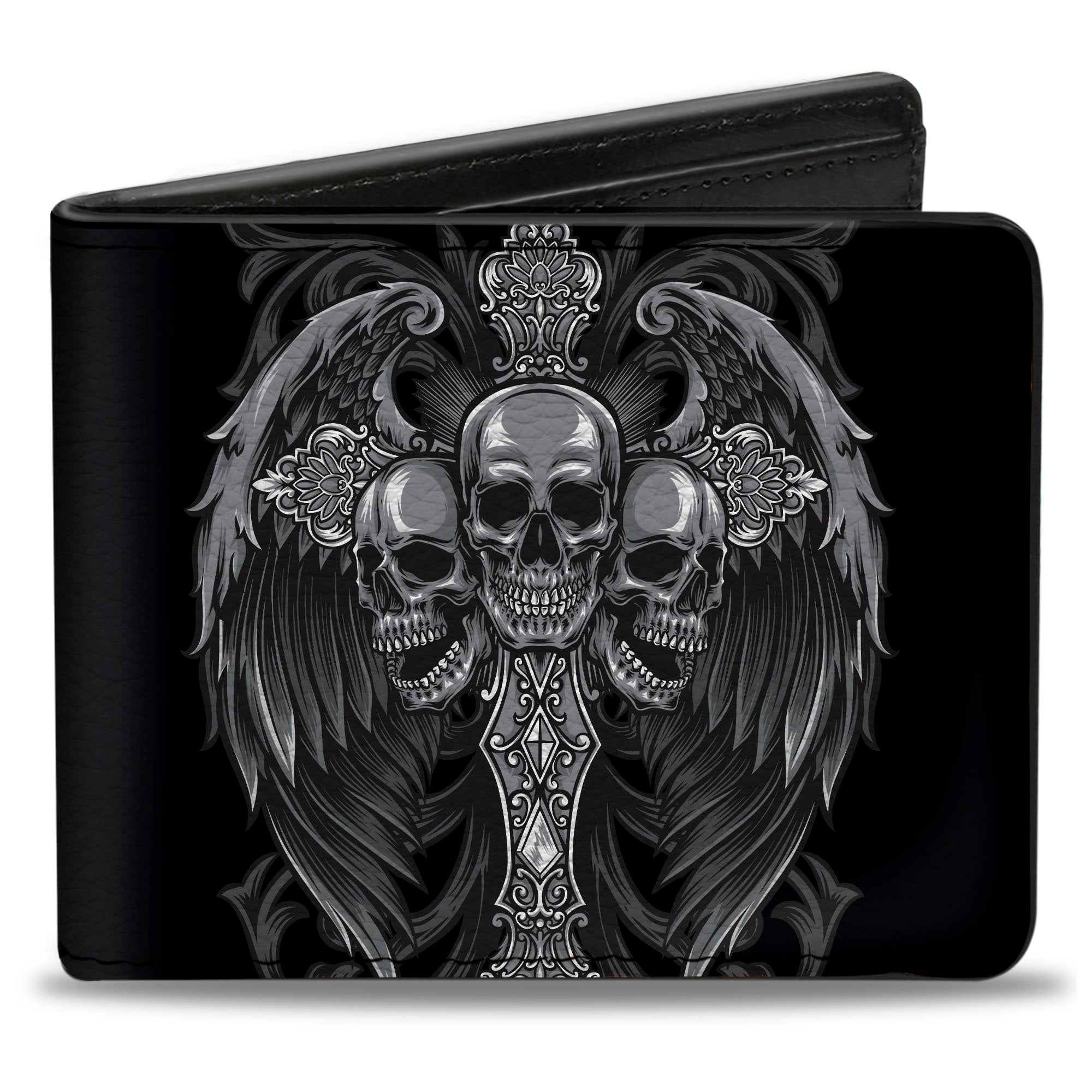 Bi-Fold Wallet - Winged Cross and Skull Trio Black/Grays Bi-Fold Wallets Buckle-Down