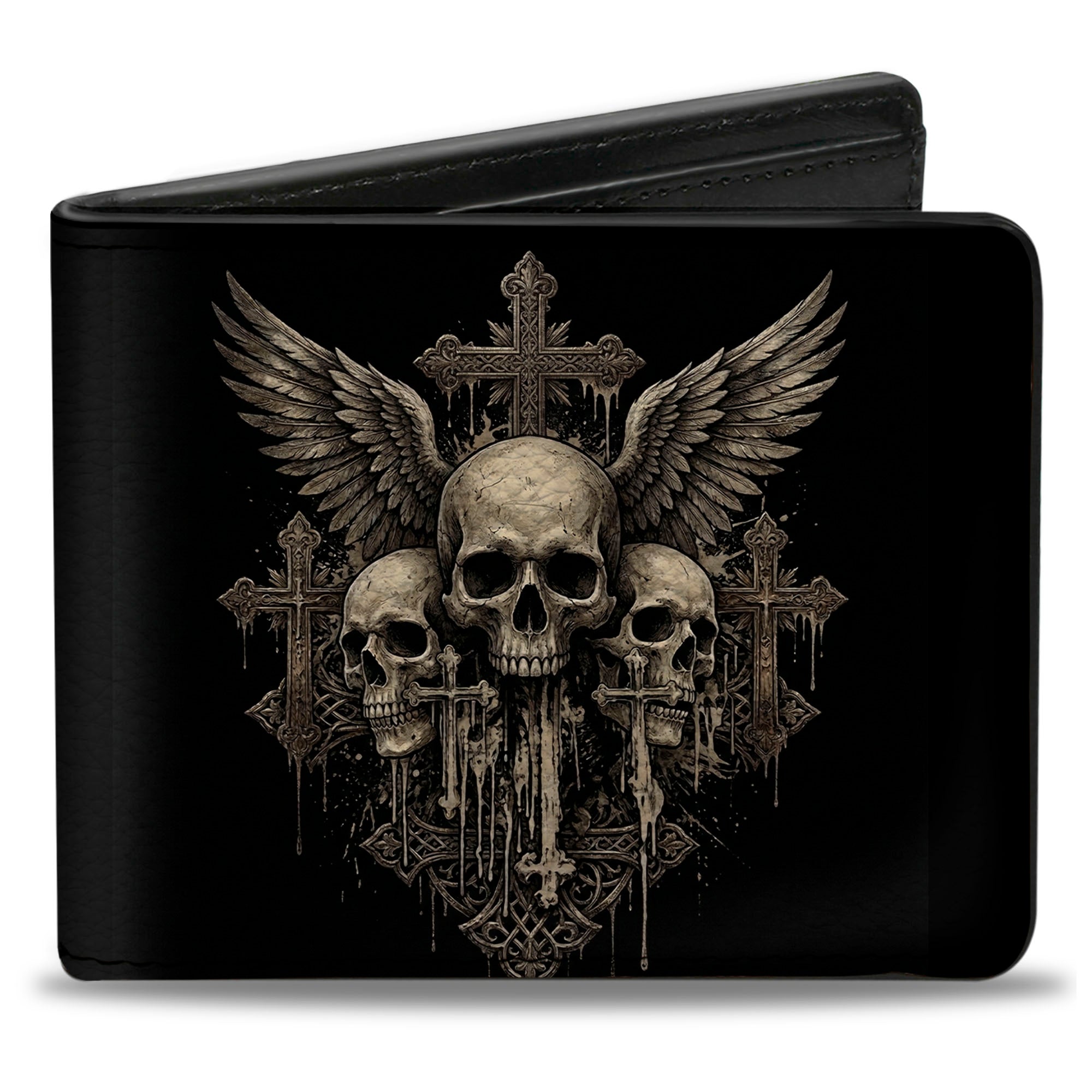 Bi-Fold Wallet - Winged Skulls and Crosses Black/Grays