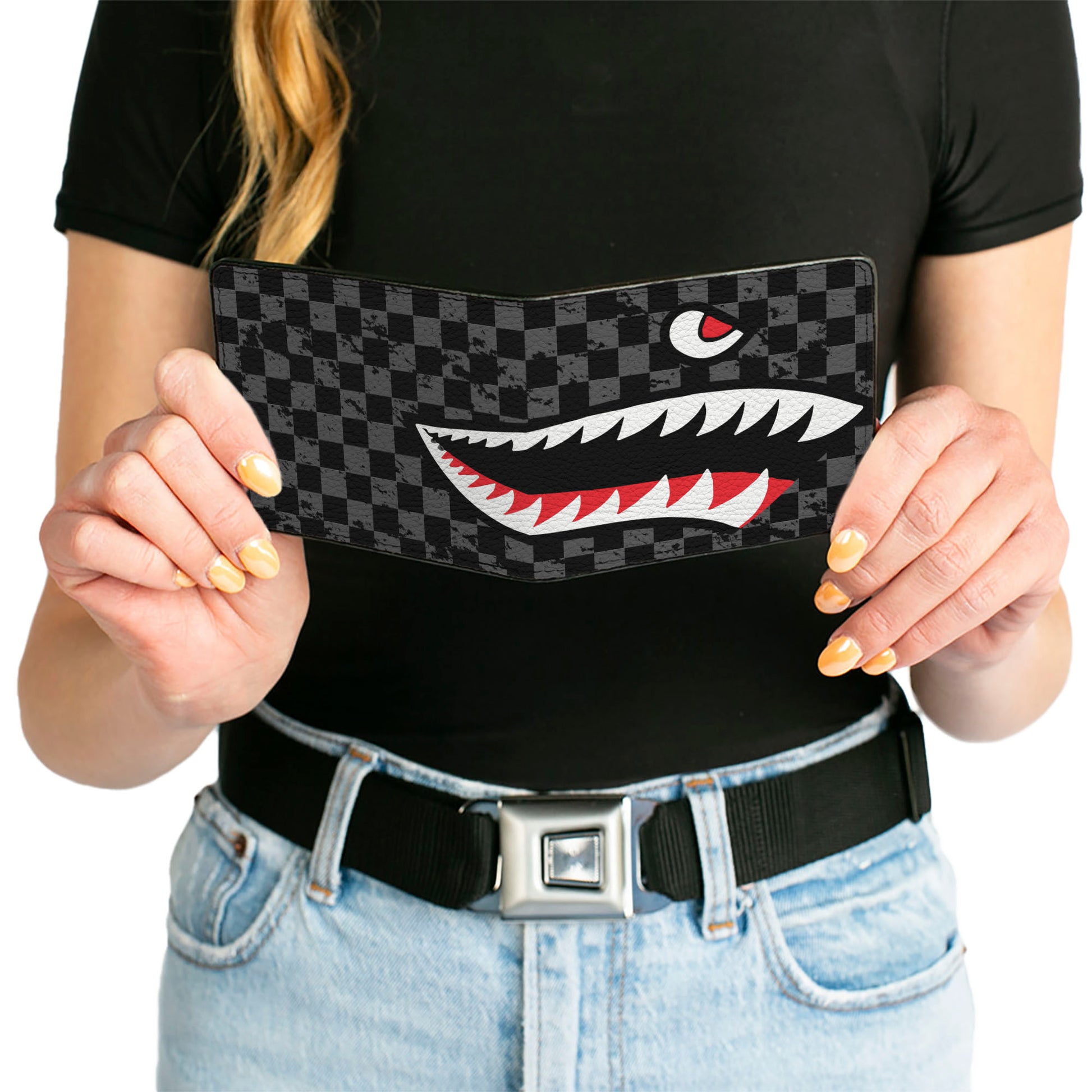Bi-Fold Wallet - Warhawk Shark Face Weathered Checker Gray/Black Bi-Fold Wallets Buckle-Down