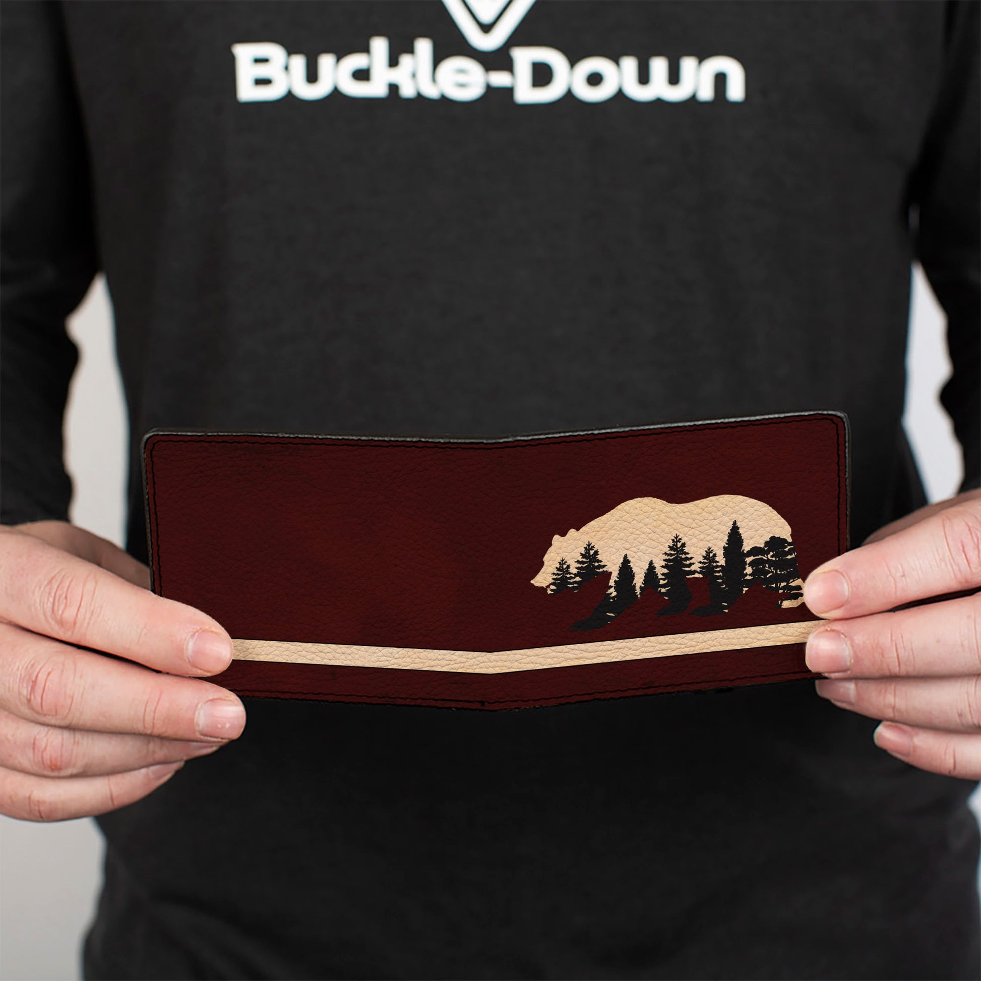 Bi-Fold Wallet - Cali Bear Silhouette with Trees Stripe Burgundy/Tan/Black Bi-Fold Wallets Buckle-Down