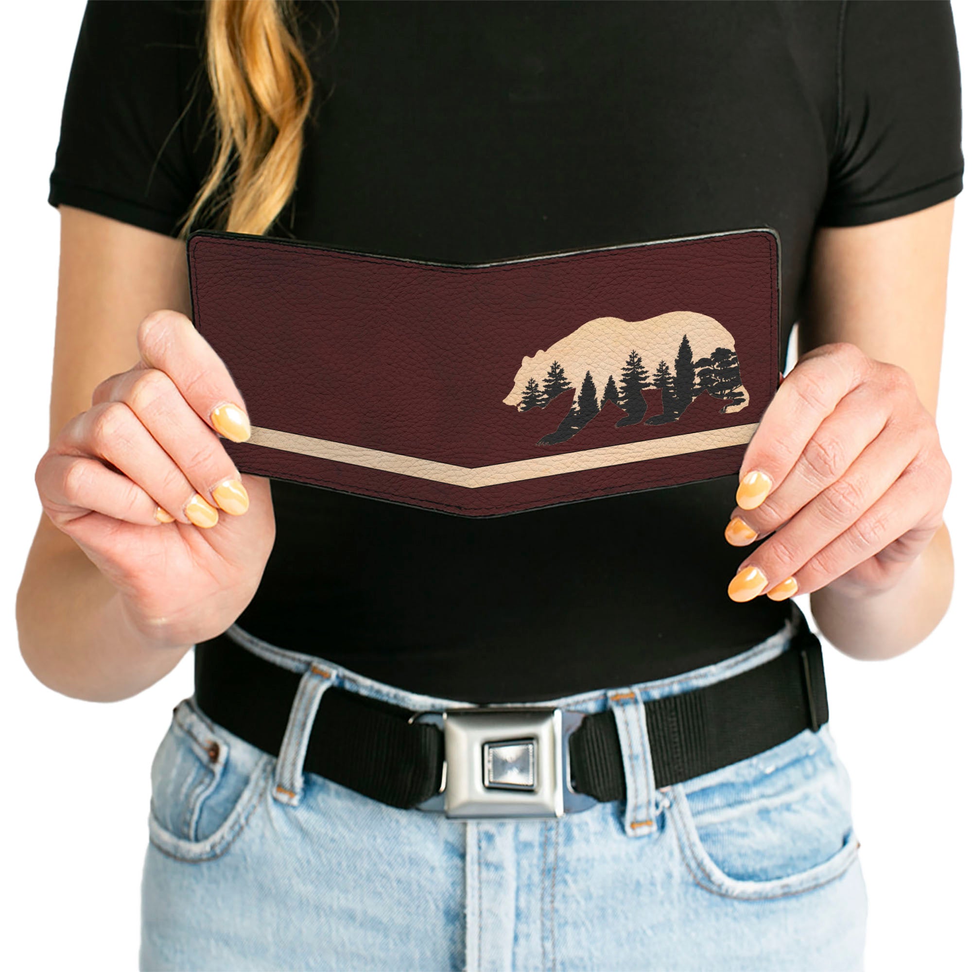 Bi-Fold Wallet - Cali Bear Silhouette with Trees Stripe Burgundy/Tan/Black Bi-Fold Wallets Buckle-Down