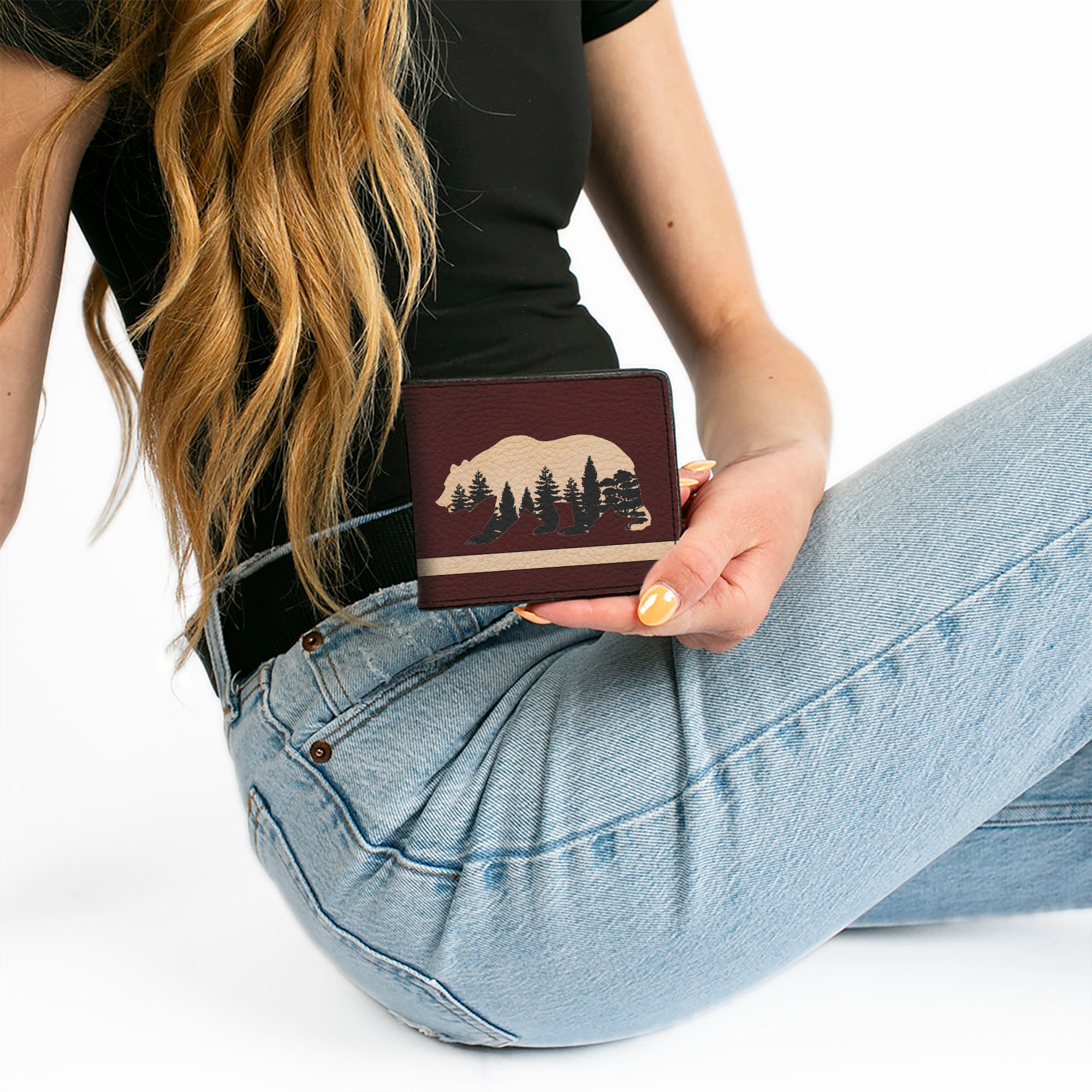 Bi-Fold Wallet - Cali Bear Silhouette with Trees Stripe Burgundy/Tan/Black Bi-Fold Wallets Buckle-Down
