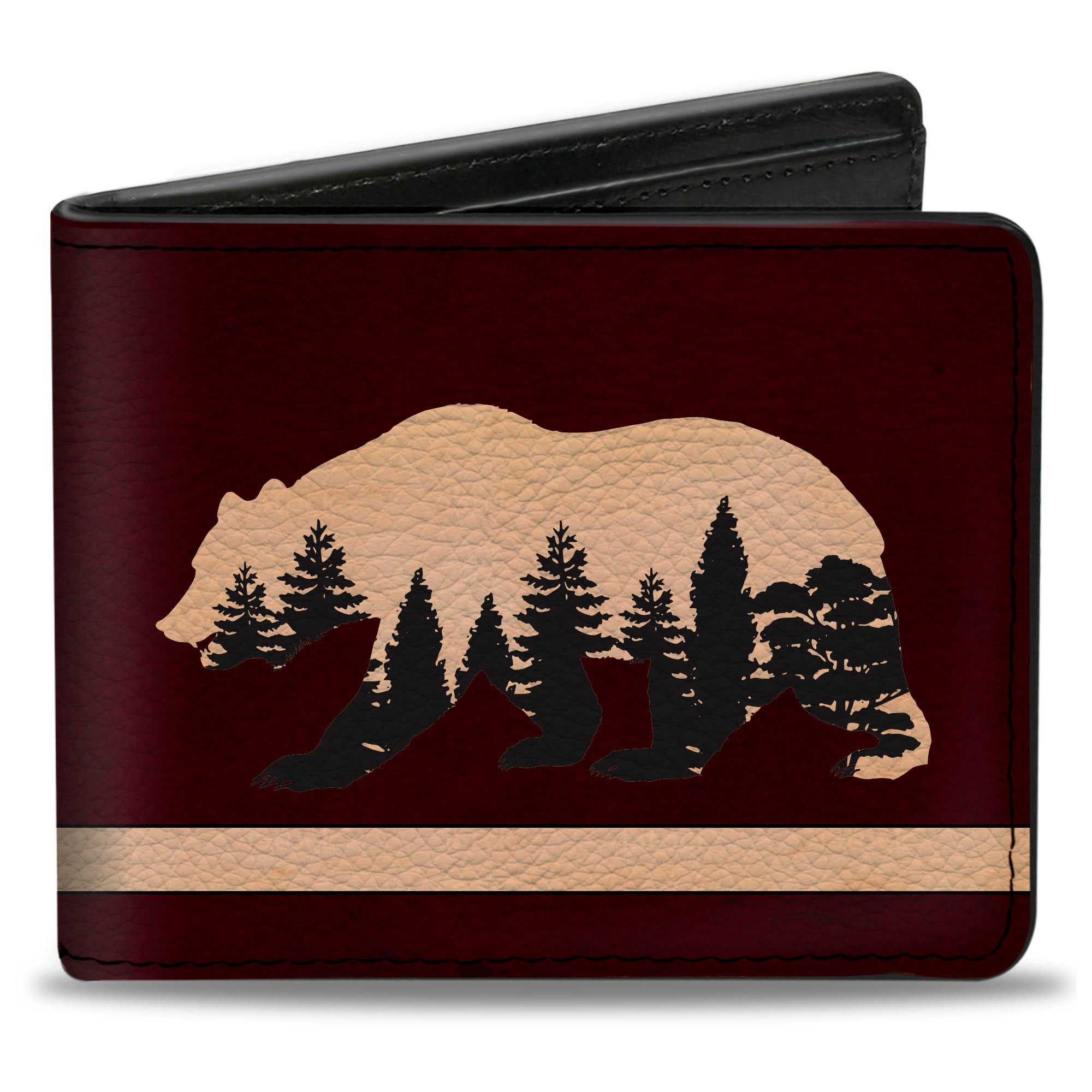 Bi-Fold Wallet - Cali Bear Silhouette with Trees Stripe Burgundy/Tan/Black Bi-Fold Wallets Buckle-Down