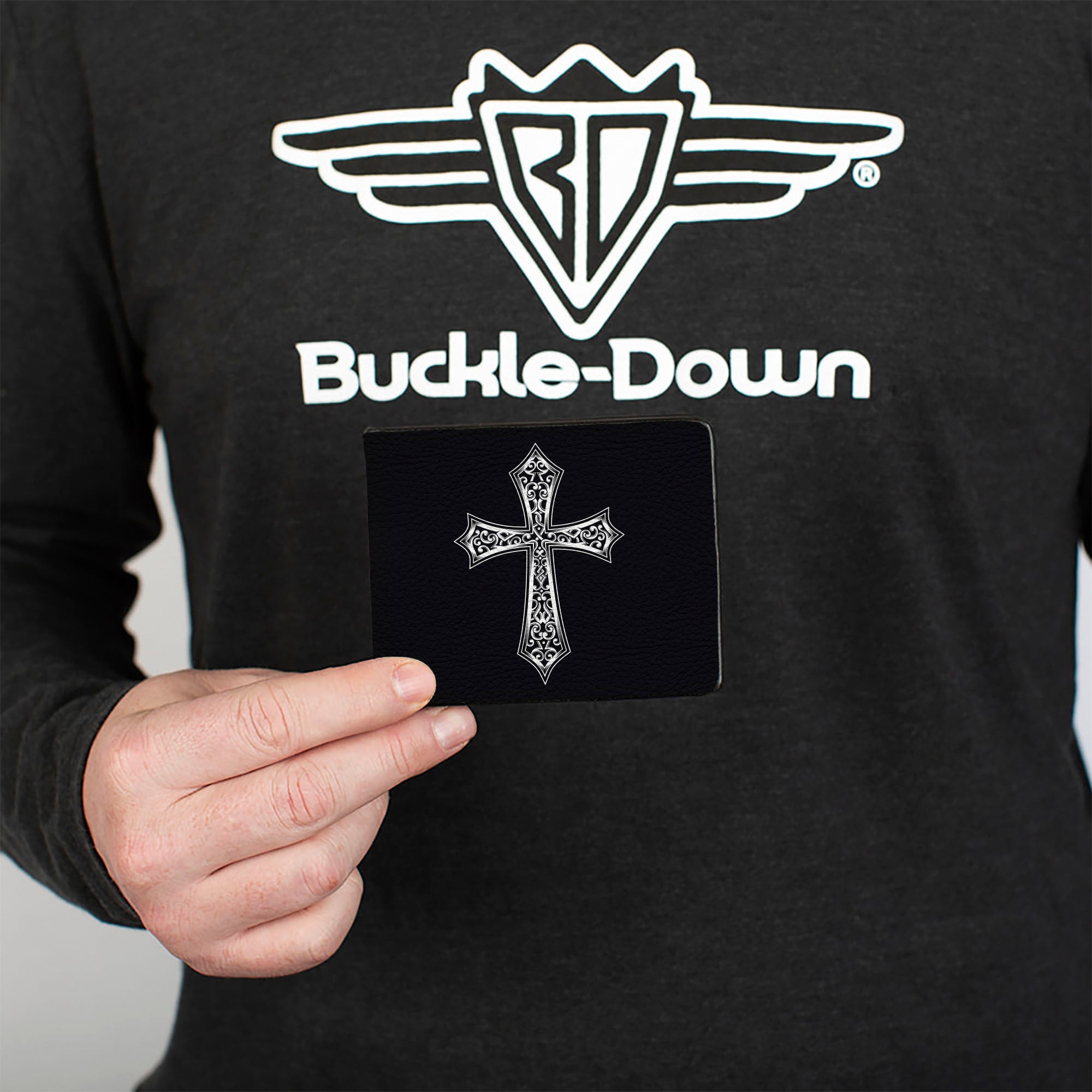 Bi-Fold Wallet - Cross Ornamental Fill Black/Grays Bi-Fold Wallets Buckle-Down
