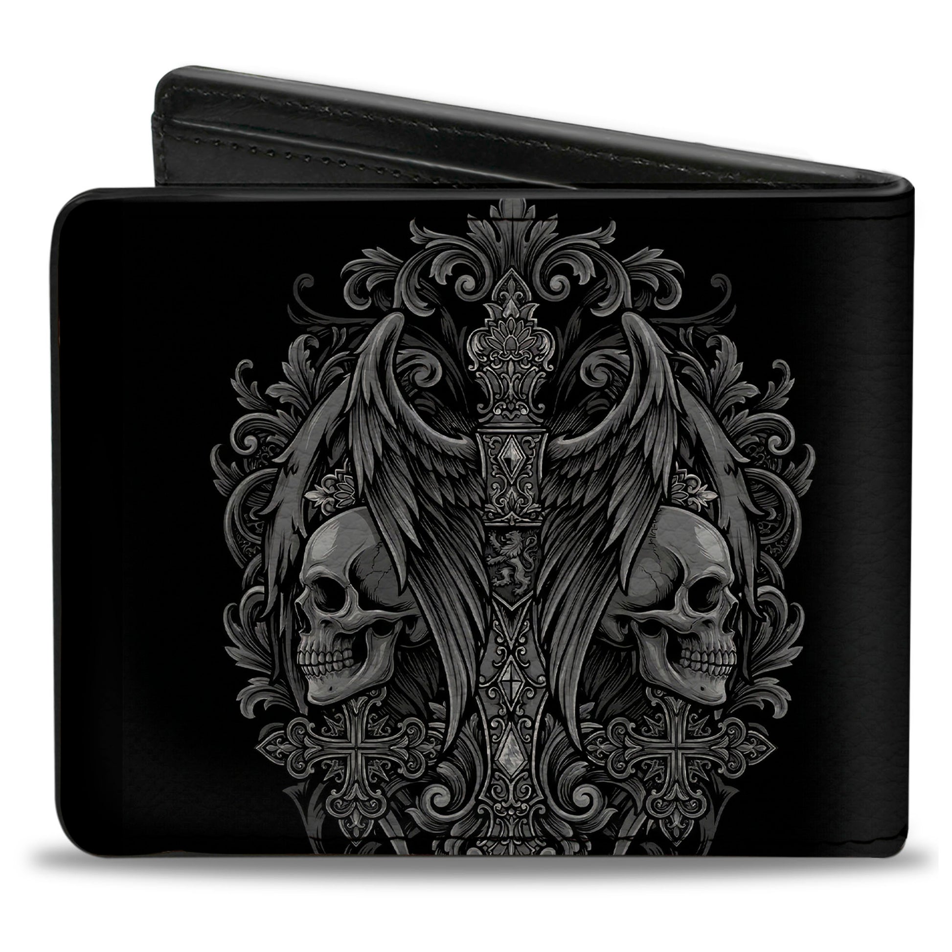 Bi-Fold Wallet - Skulls Wings and Crosses Black/Grays Bi-Fold Wallets Buckle-Down