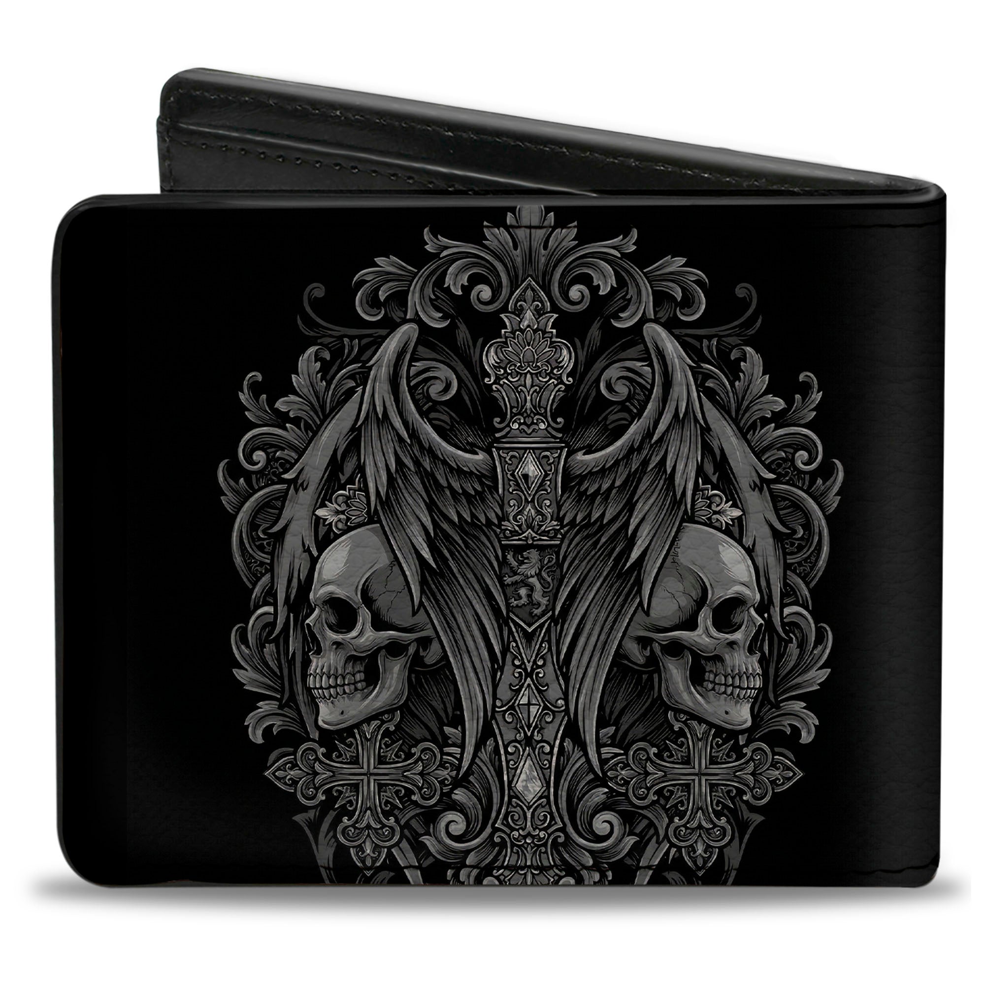 Bi-Fold Wallet - Skulls Wings and Crosses Black/Grays Bi-Fold Wallets Buckle-Down