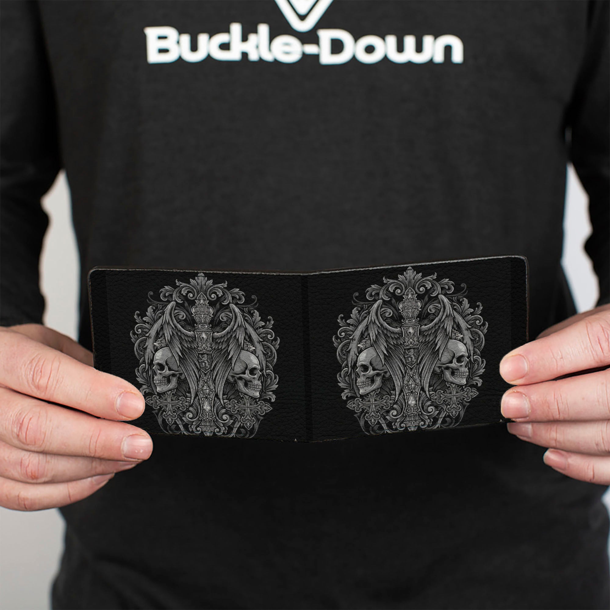 Bi-Fold Wallet - Skulls Wings and Crosses Black/Grays Bi-Fold Wallets Buckle-Down