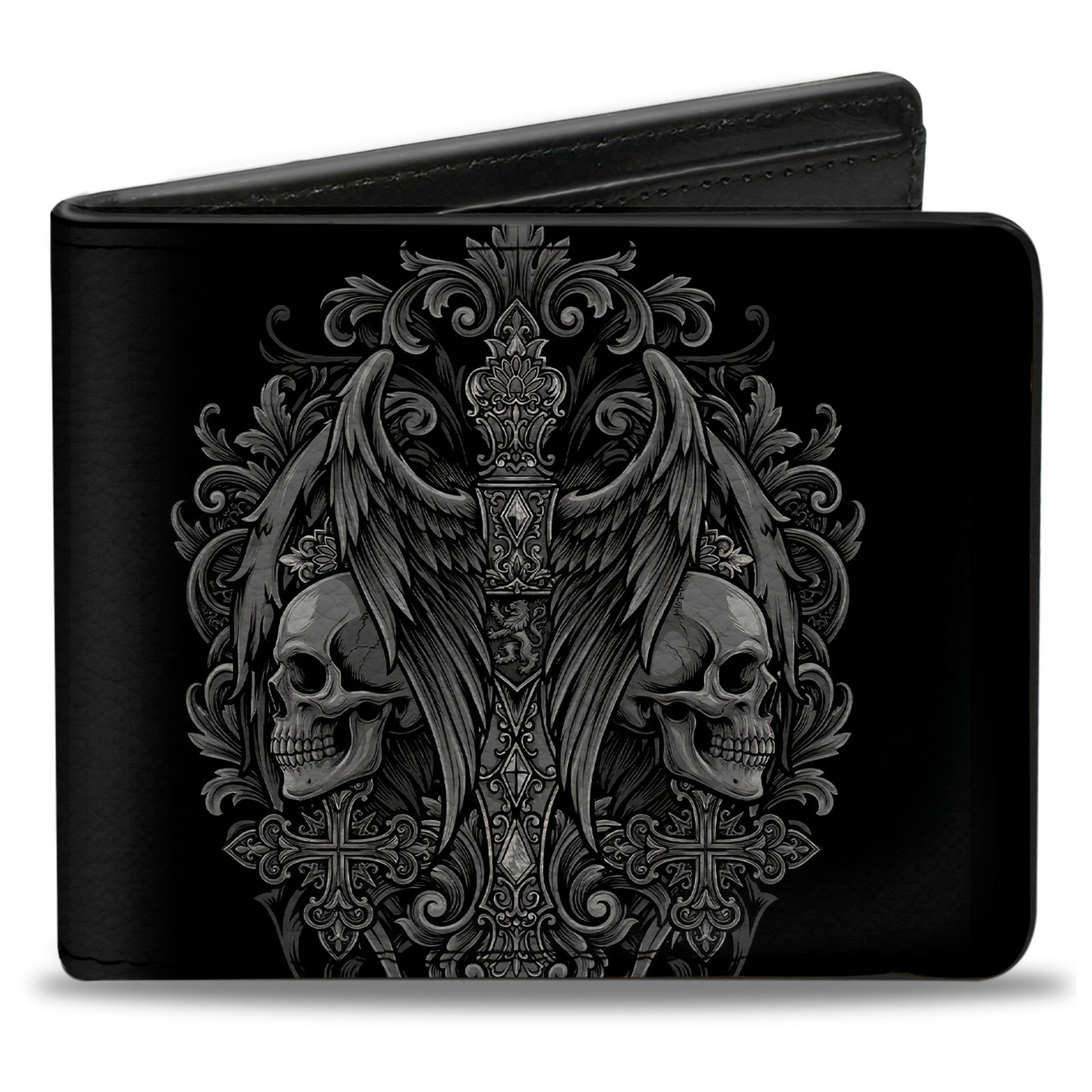 Bi-Fold Wallet - Skulls Wings and Crosses Black/Grays Bi-Fold Wallets Buckle-Down