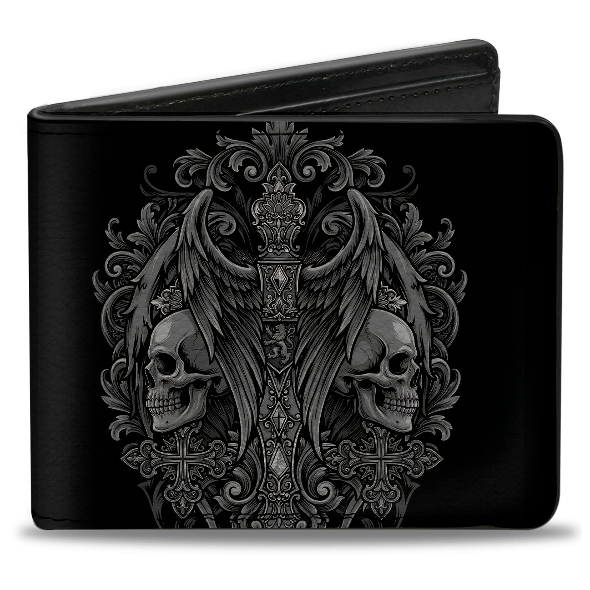 Bi-Fold Wallet - Skulls Wings and Crosses Black/Grays Bi-Fold Wallets Buckle-Down