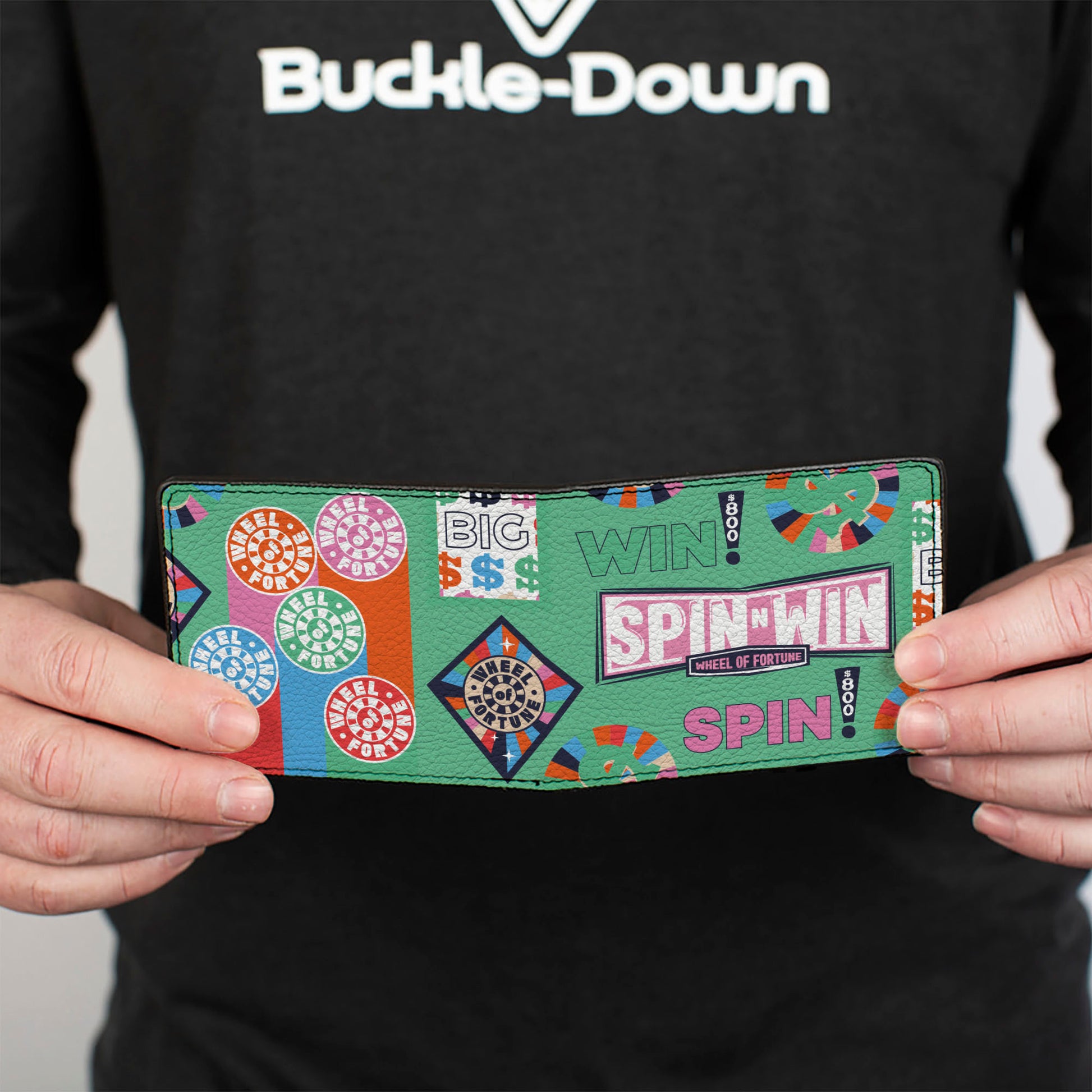 Bi-Fold Wallet - WHEEL OF FORTUNE SPIN N WIN Collage Green/Multi Color Bi-Fold Wallets Wheel of Fortune