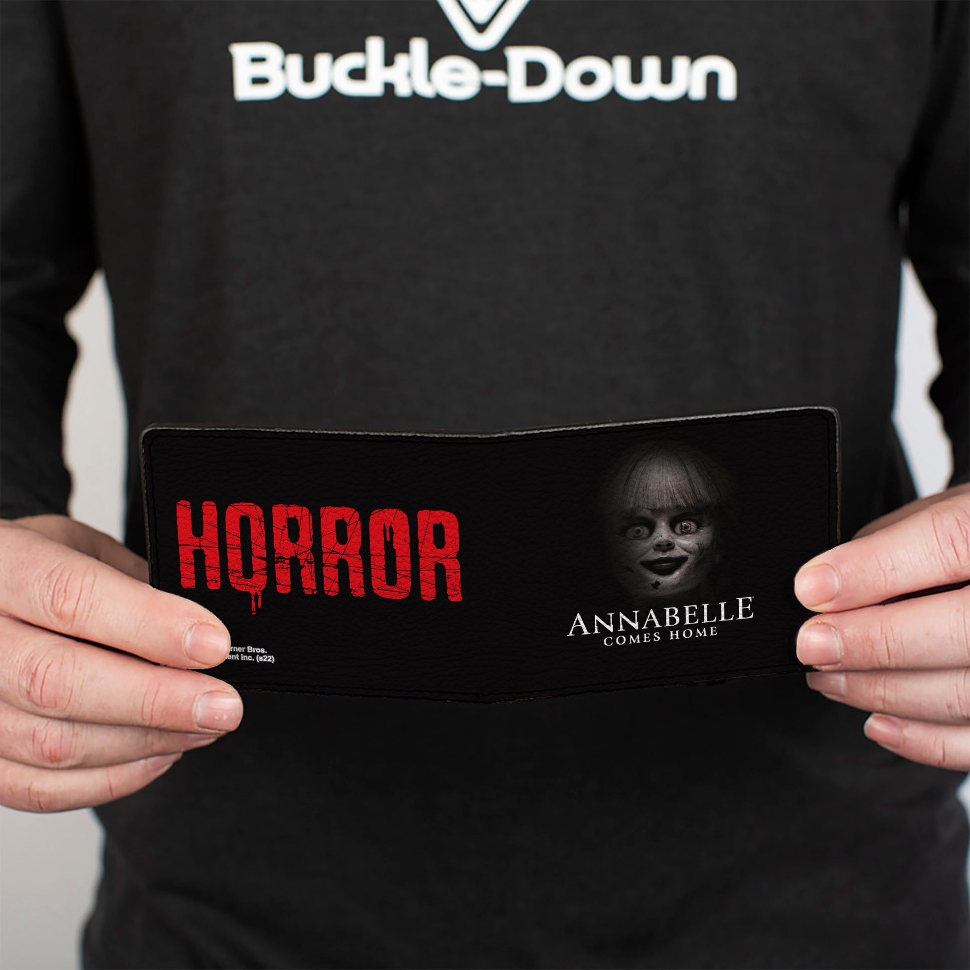 Bi-Fold Wallet - ANNABELLE COMES HOME Face Close-Up + HORROR Text Black/Red Bi-Fold Wallets Annabelle