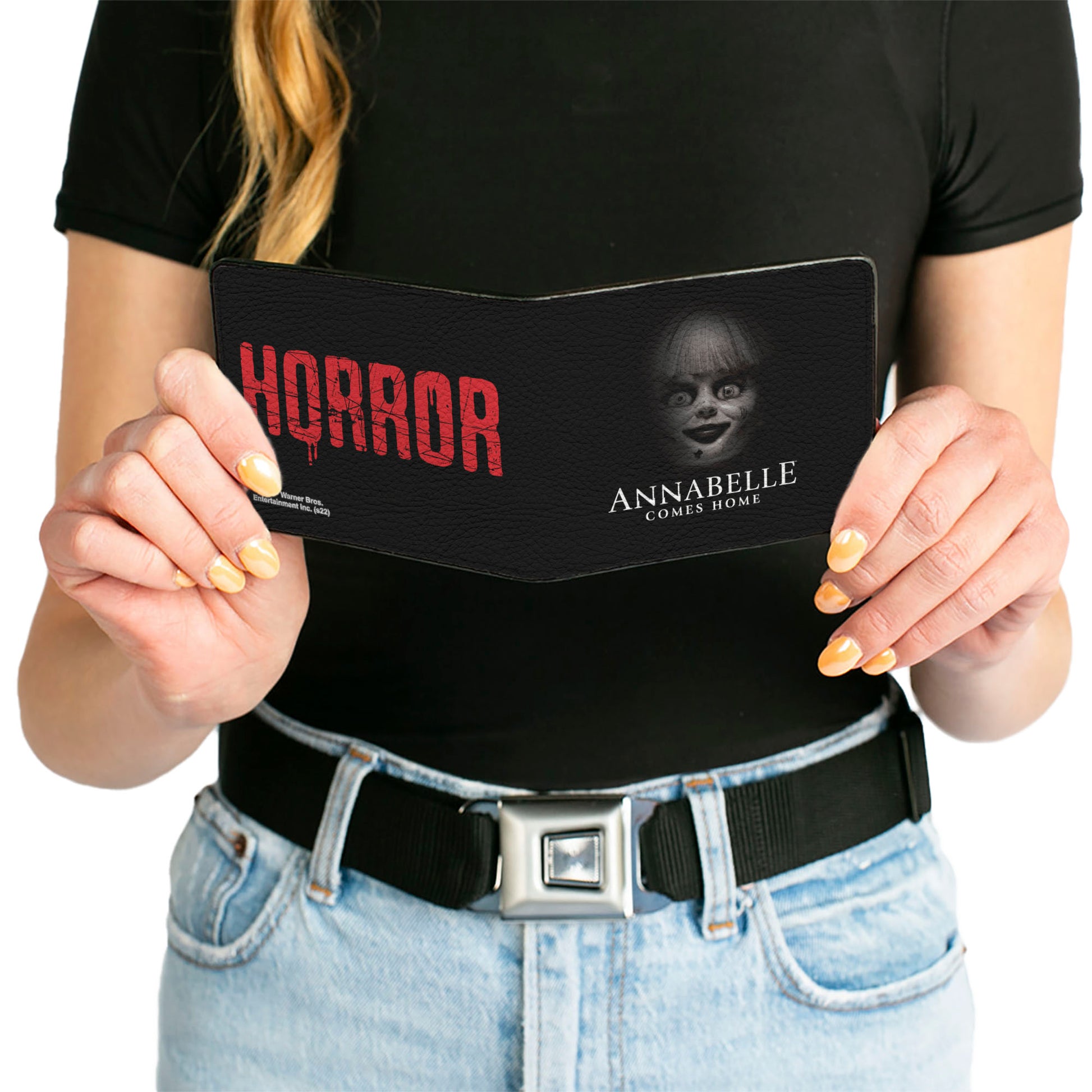 Bi-Fold Wallet - ANNABELLE COMES HOME Face Close-Up + HORROR Text Black/Red Bi-Fold Wallets Annabelle