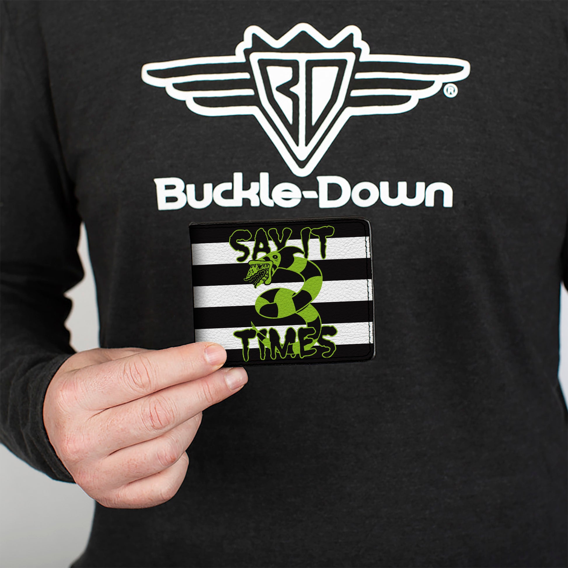 Bi-Fold Wallet - Beetlejuice SAY IT TEN TIMES Sandworm Pose Stripe Black/White/Green Bi-Fold Wallets Beetlejuice