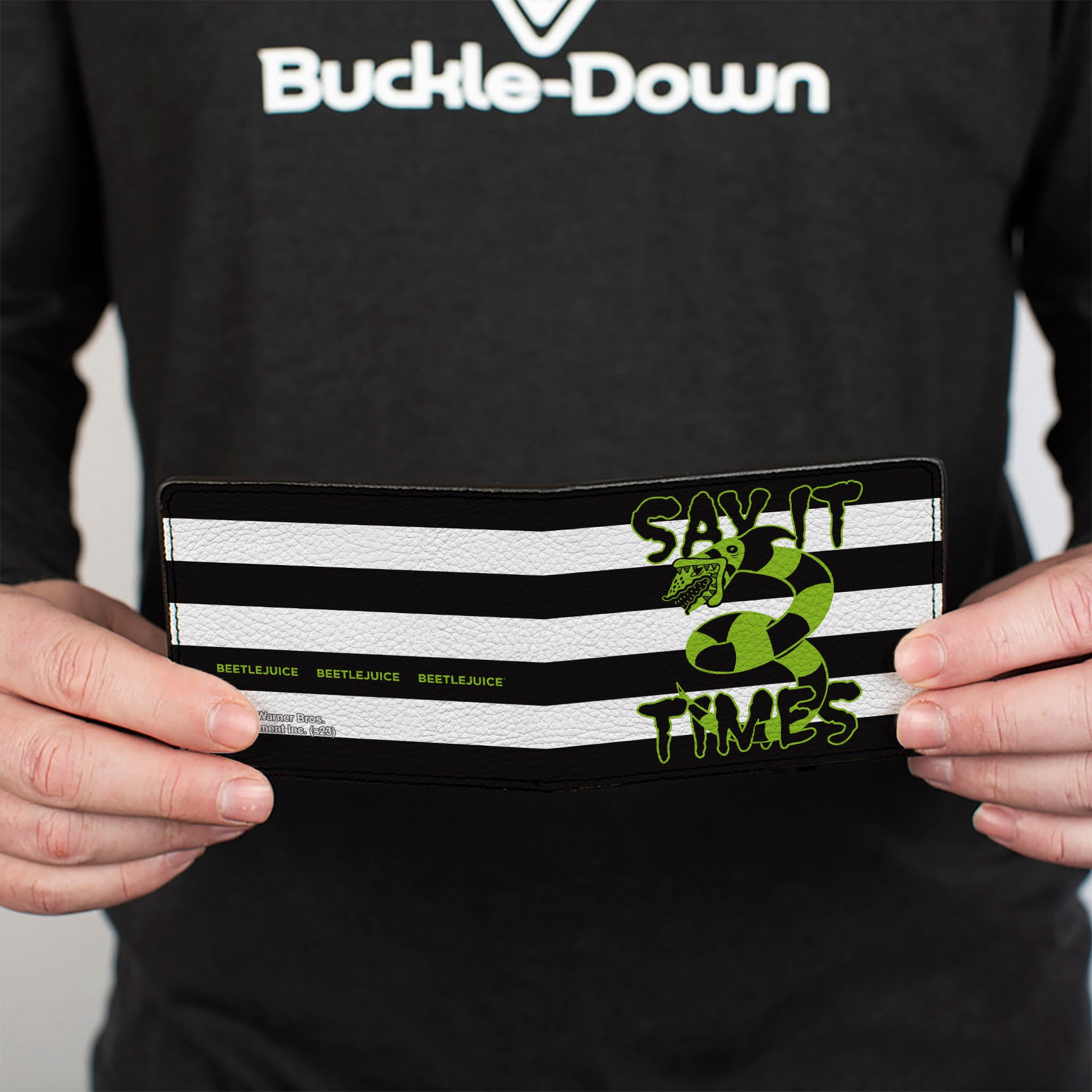 Bi-Fold Wallet - Beetlejuice SAY IT TEN TIMES Sandworm Pose Stripe Black/White/Green Bi-Fold Wallets Beetlejuice