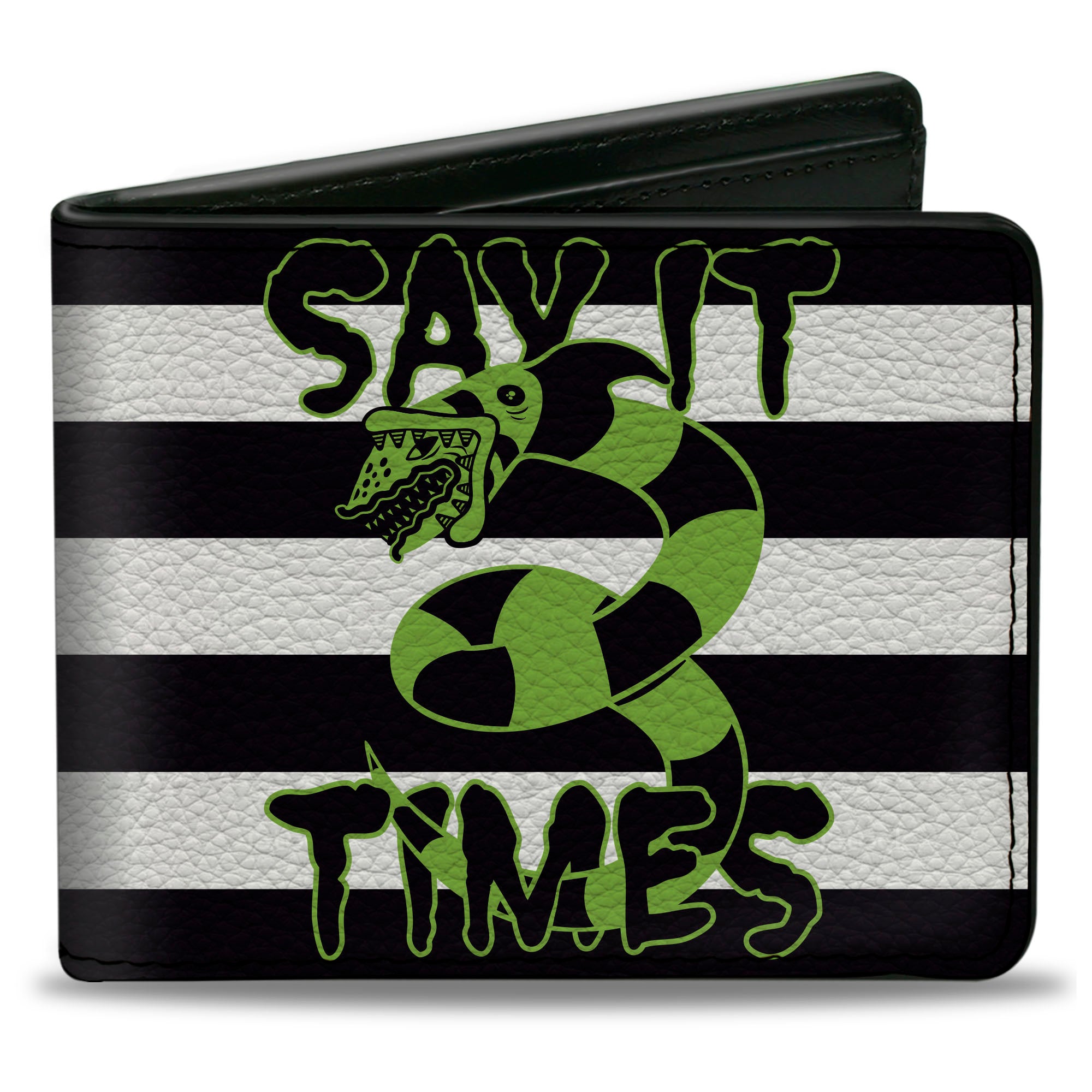 Bi-Fold Wallet - Beetlejuice SAY IT TEN TIMES Sandworm Pose Stripe Black/White/Green Bi-Fold Wallets Beetlejuice