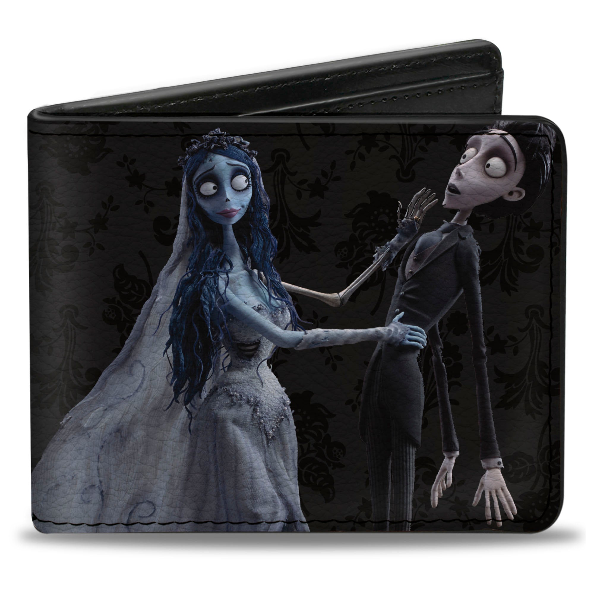 Bi-Fold Wallet - Corpse Bride Emily Victor Pose + Logo Grays Black White Bi-Fold Wallets Corpse Bride