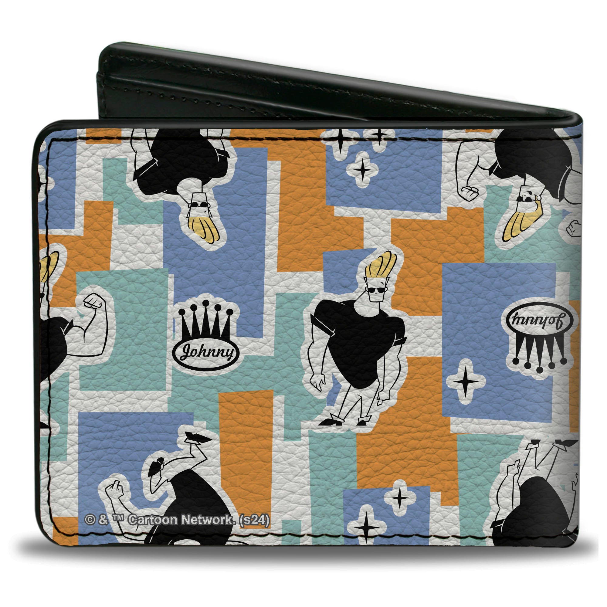Bi-Fold Wallet - Johnny Bravo Poses and Icon Collage Blocks White/Multi Color Bi-Fold Wallets Johnny Bravo