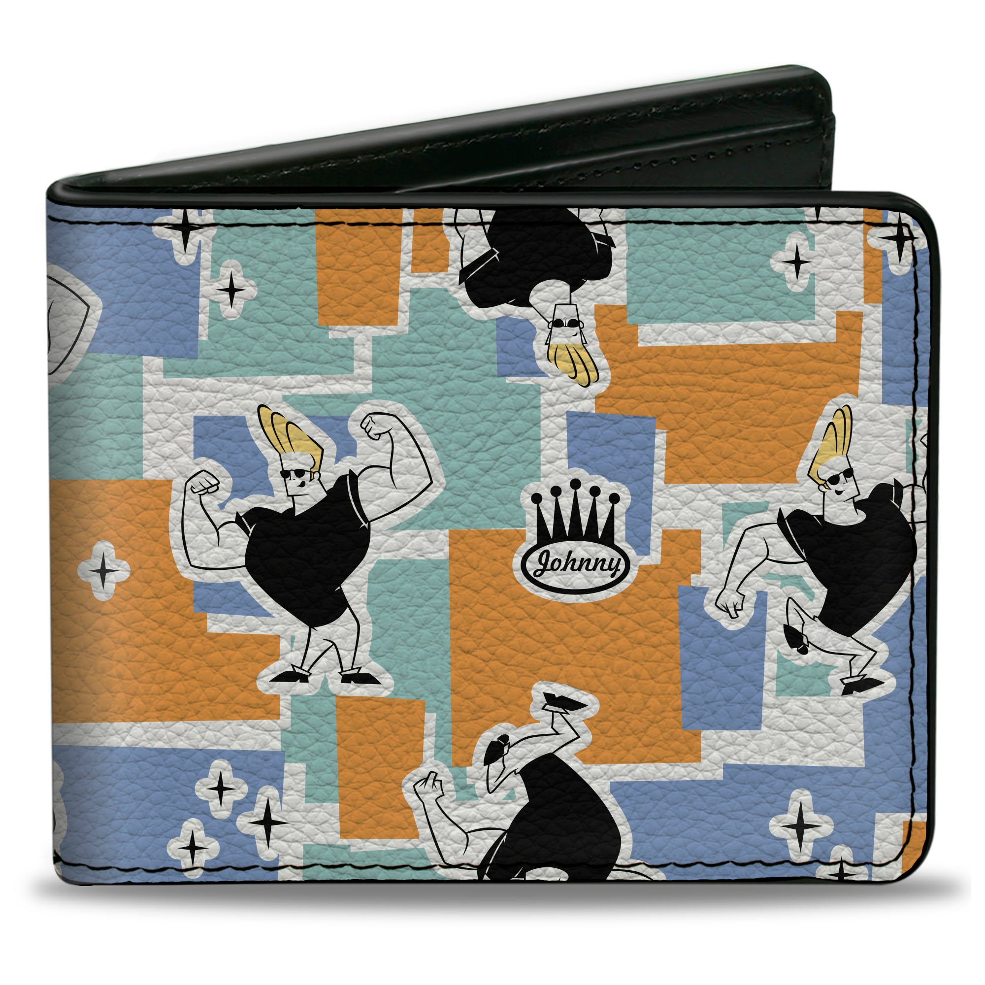 Bi-Fold Wallet - Johnny Bravo Poses and Icon Collage Blocks White/Multi Color Bi-Fold Wallets Johnny Bravo