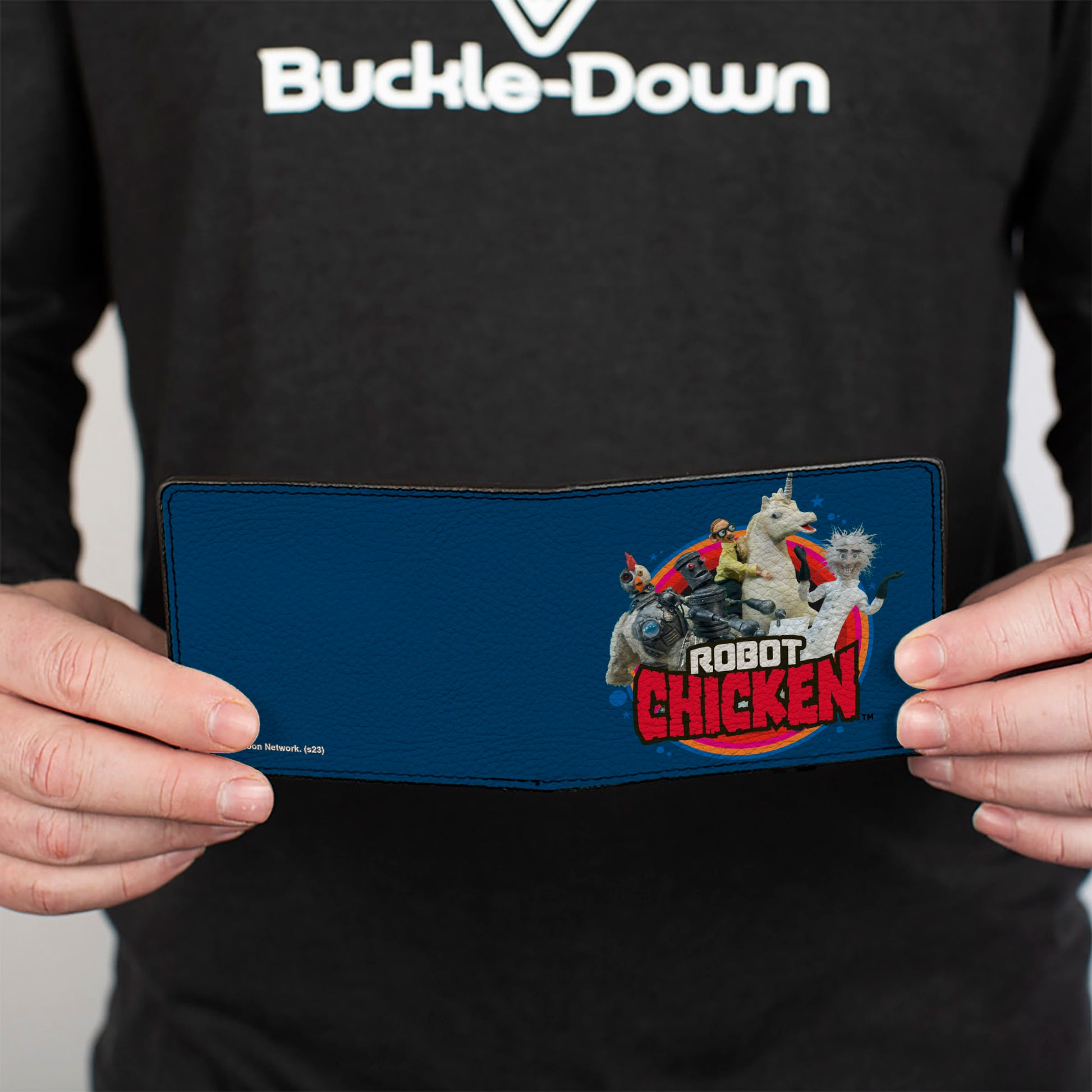 Bi-Fold Wallet - ROBOT CHICKEN Title Logo and Group Pose Blue Bi-Fold Wallets Robot Chicken