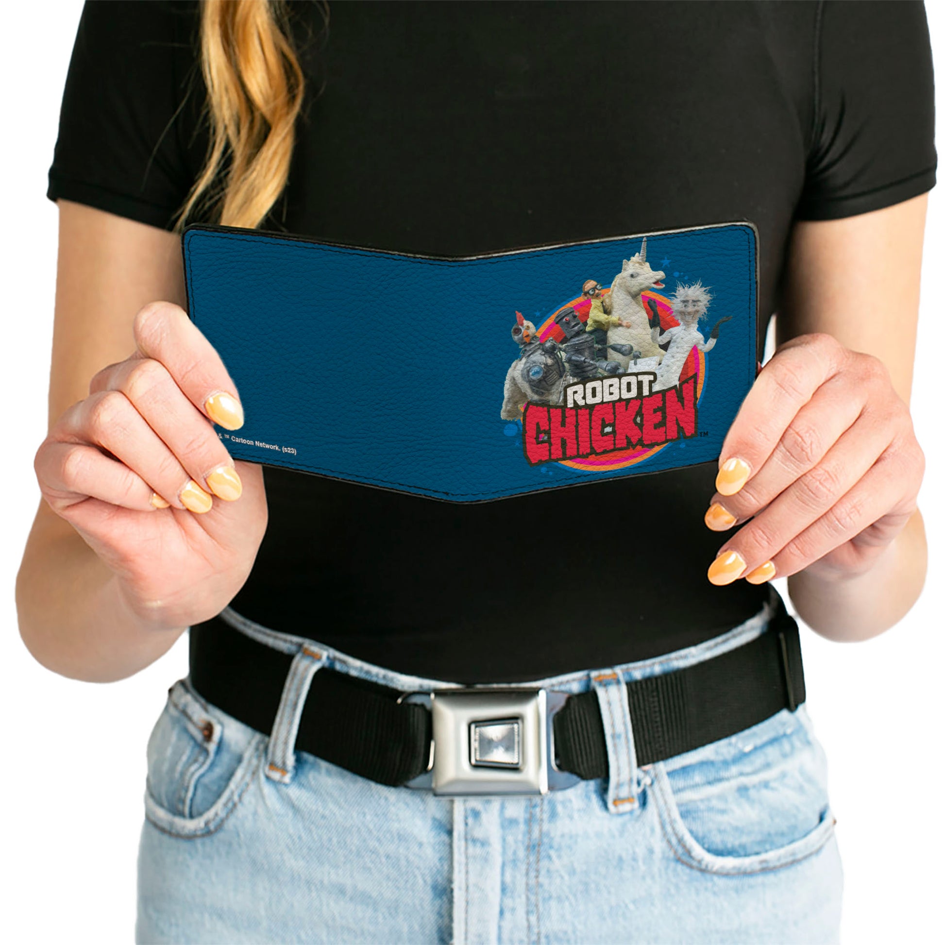 Bi-Fold Wallet - ROBOT CHICKEN Title Logo and Group Pose Blue Bi-Fold Wallets Robot Chicken