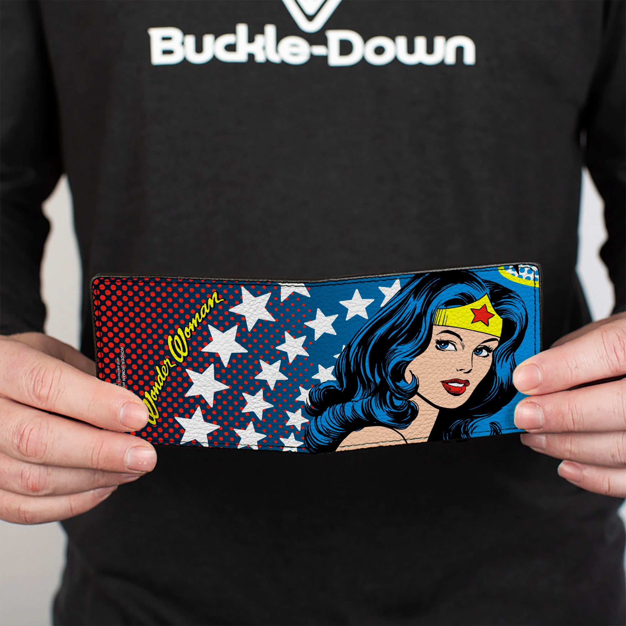 Bi-Fold Wallet - WONDER WOMAN Stars Face Halftone Blues Red Yellow White Bi-Fold Wallets DC Comics