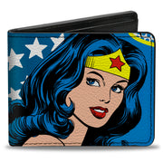 Bi-Fold Wallet - WONDER WOMAN Stars Face Halftone Blues Red Yellow White Bi-Fold Wallets DC Comics