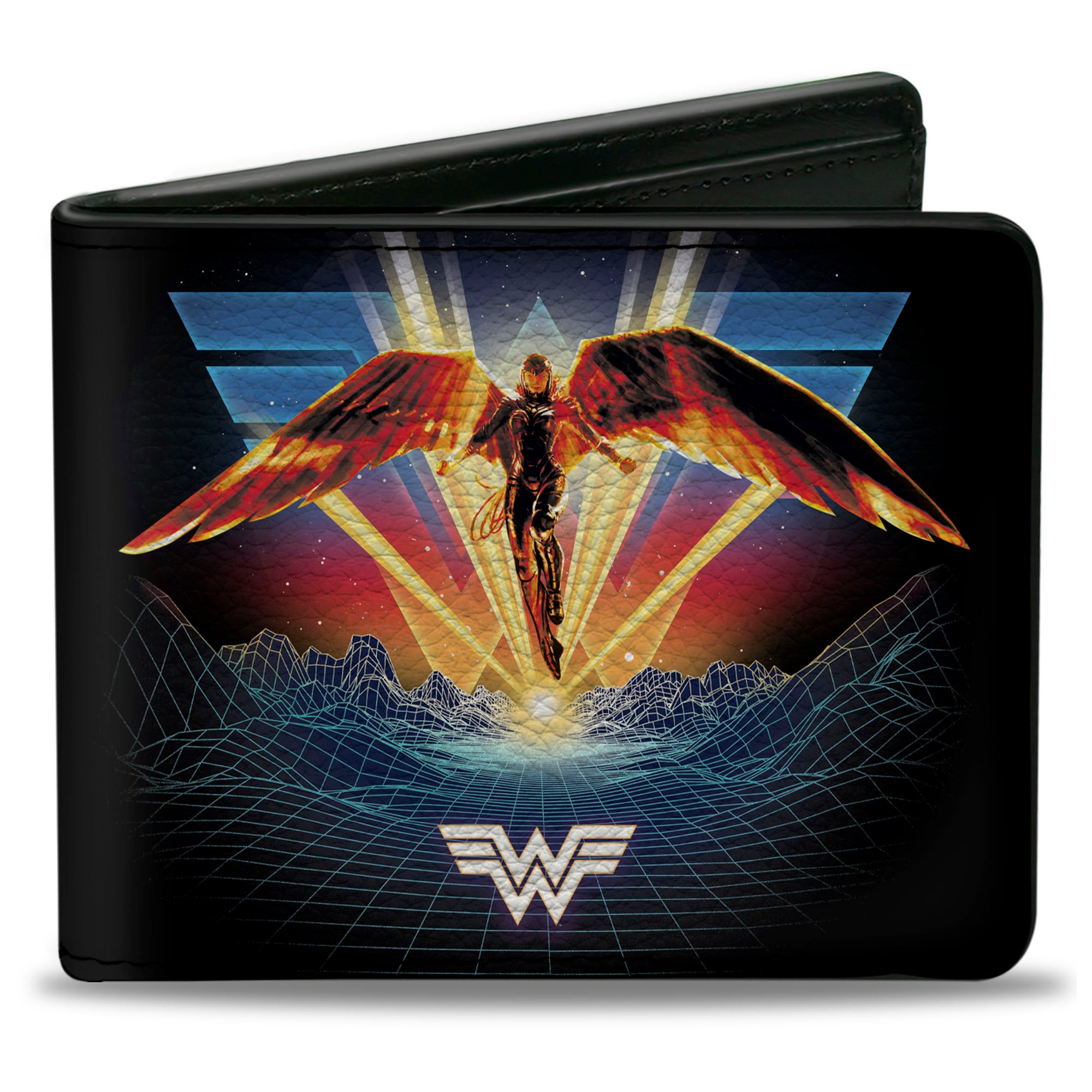 Bi-Fold Wallet - Wonder Woman 1984 Golden Armor Pose WW Logo Topography Black Blues Reds Yellow Bi-Fold Wallets DC Comics