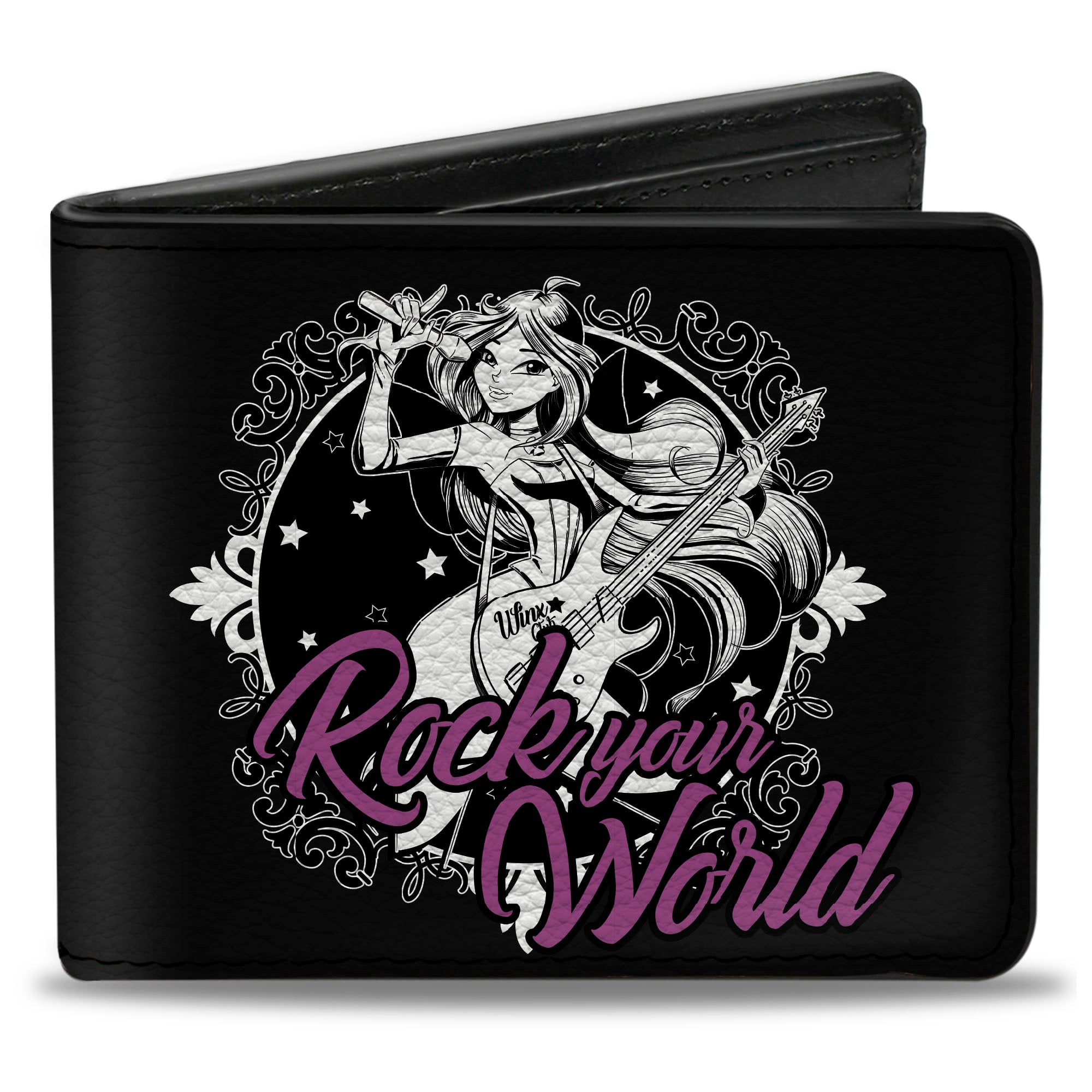 Bi-Fold Wallet - Winx Club FLORA ROCK YOUR WORLD Pose Black/White/Purple Bi-Fold Wallets Winx Club