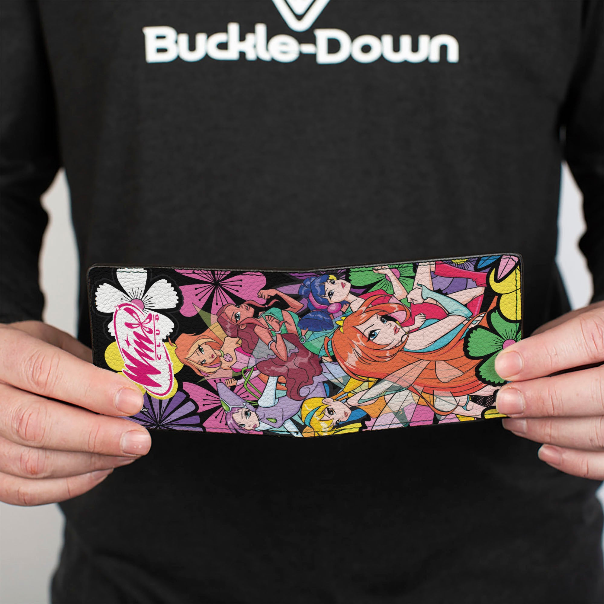 Bi-Fold Wallet - WINX CLUB Fairies and Flowers Group Pose Black/Multi Color Bi-Fold Wallets Winx Club