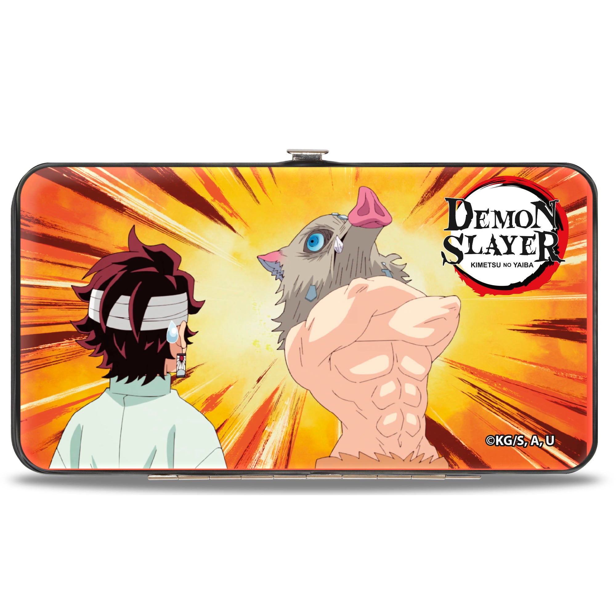 Hinged Wallet - DEMON SLAYER Tanjiro and Inosuke Boar Head Poses and Title Logo Hinged Wallets Demon Slayer