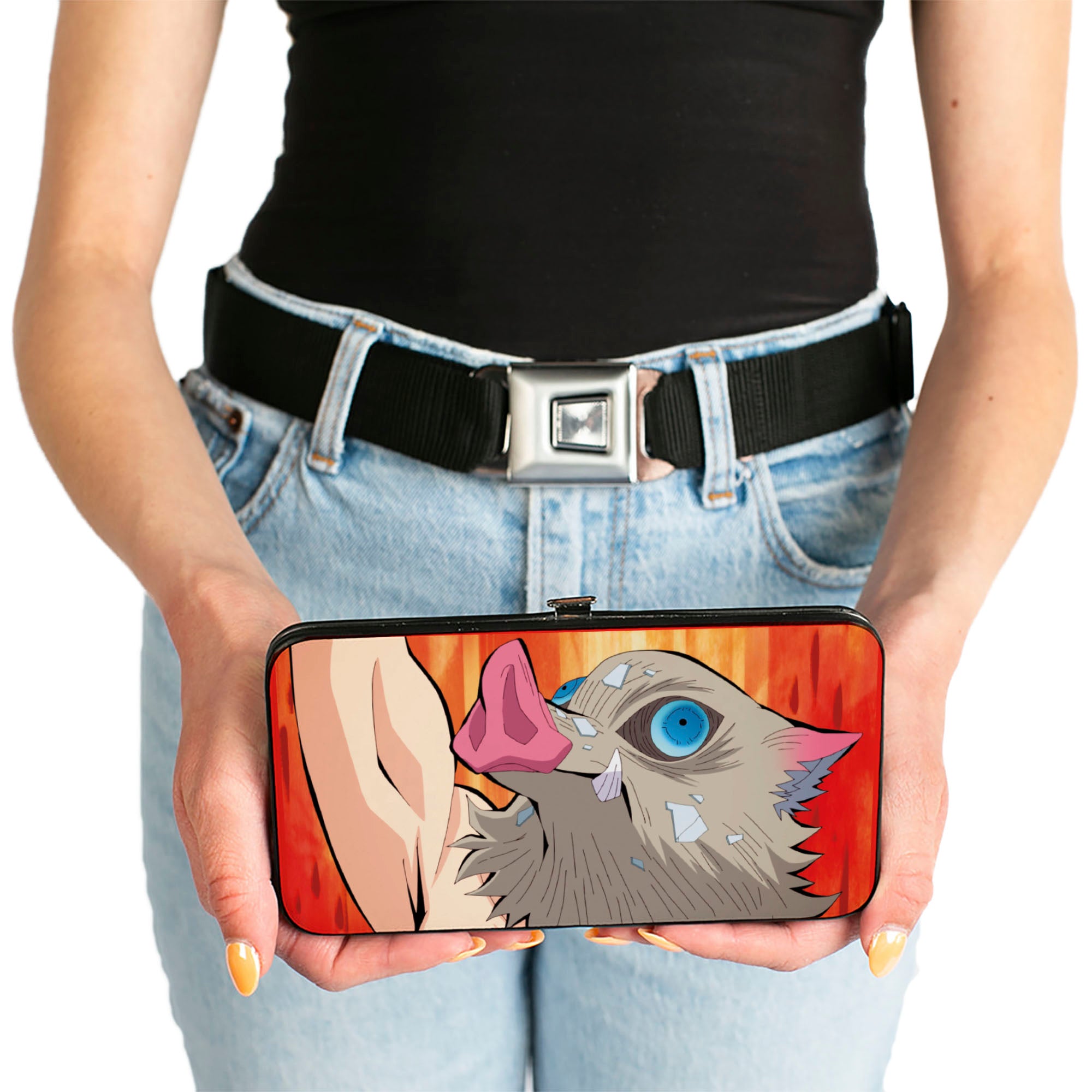 Hinged Wallet - DEMON SLAYER Tanjiro and Inosuke Boar Head Poses and Title Logo Hinged Wallets Demon Slayer