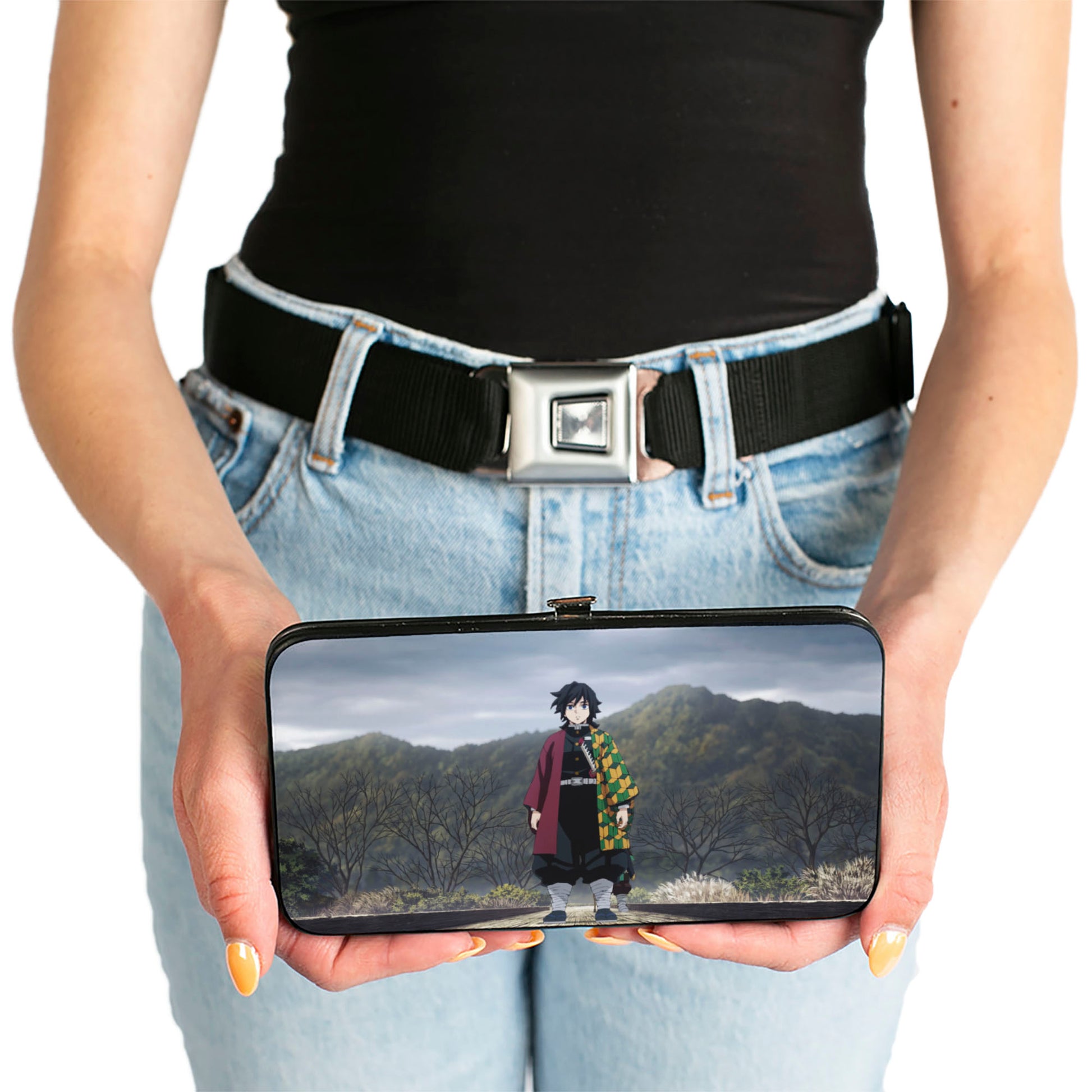 Hinged Wallet - DEMON SLAYER Chibi Tanjiro Face and Giyu Tomioka Pose with Title Logo Hinged Wallets Demon Slayer