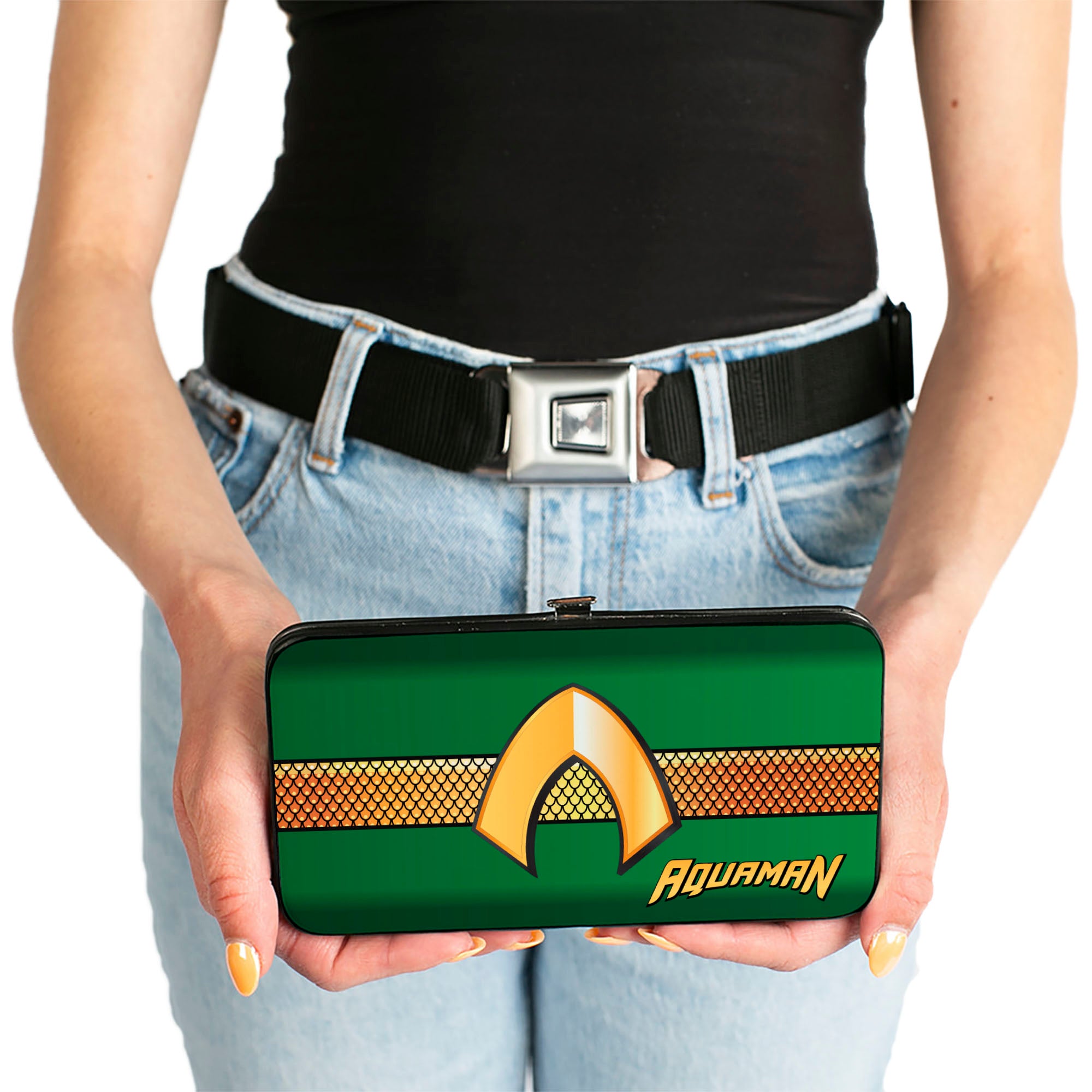 Hinged Wallet - AQUAMAN Classic Icon Scales Stripe Green Golds Hinged Wallets DC Comics