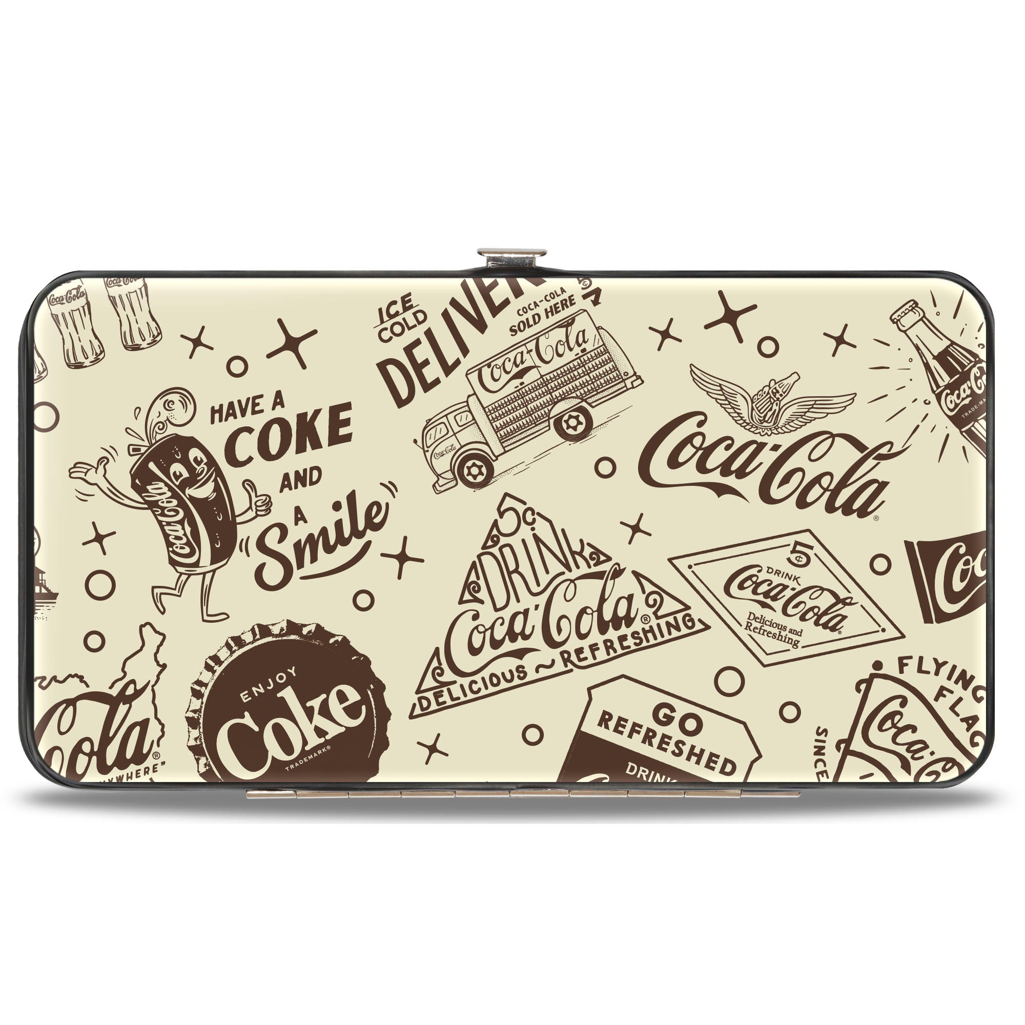 Hinged Wallet - Vintage Coca-Cola HAVE A COKE AND SMILE Icons Collage Beige/Brown Hinged Wallets Coca-Cola