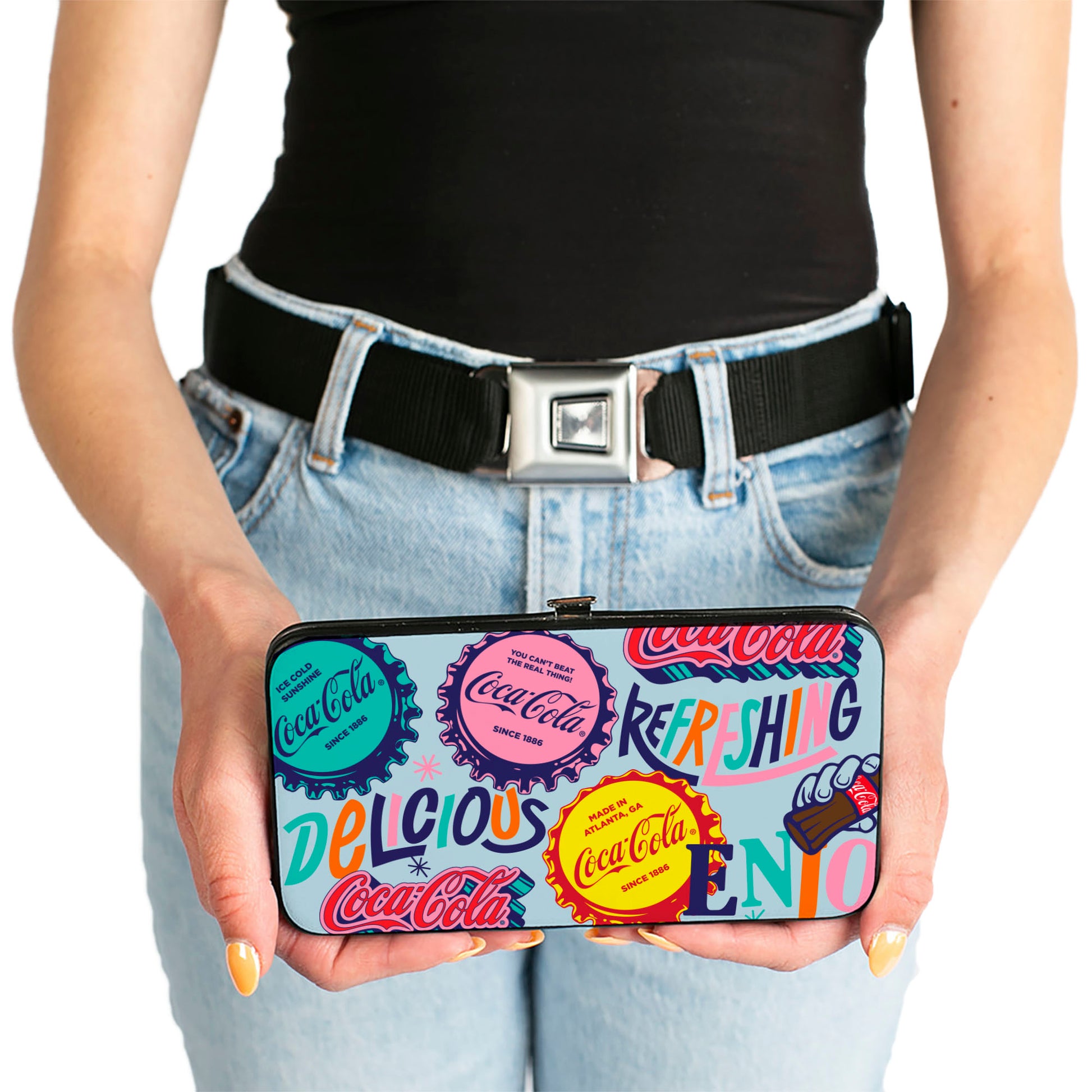 Hinged Wallet - COCA-COLA DELICIOUS REFRESHING Bottle Caps Light Blue/Multi Color Hinged Wallets Coca-Cola