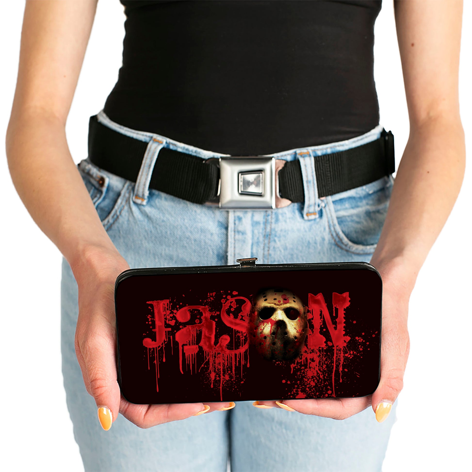 Hinged Wallet - Friday the 13th JASON Mask Splatter + Jason Walking Pose Black Reds Hinged Wallets Friday the 13th