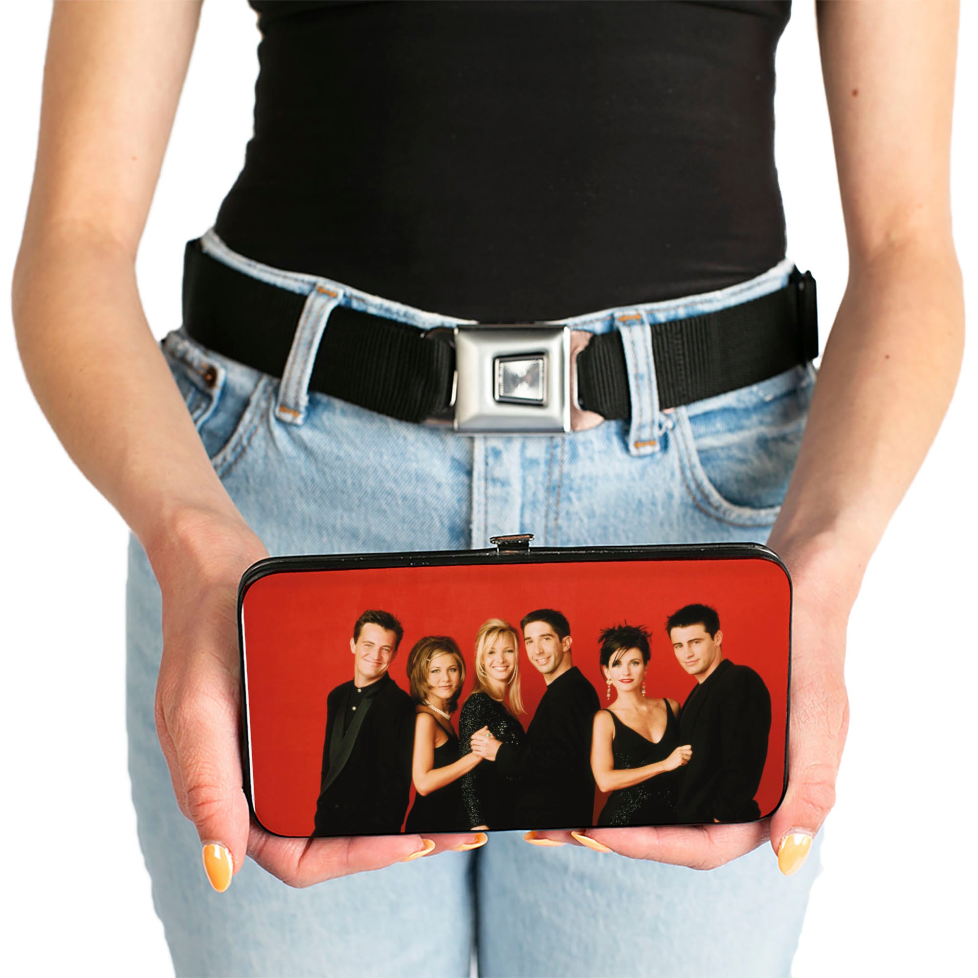 Hinged Wallet - Friends Season 2 6-Character Vivid Group Pose Red + FRIENDS THE TELEVISION SERIES Logo Black White Multi Color Hinged Wallets Friends